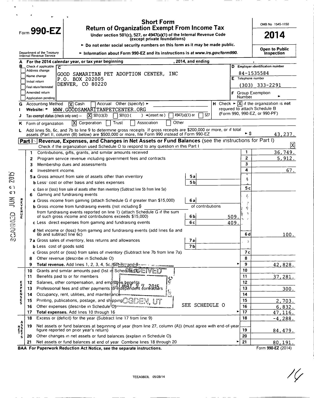 Image of first page of 2014 Form 990EZ for Good Samaritan Pet Adoption Center