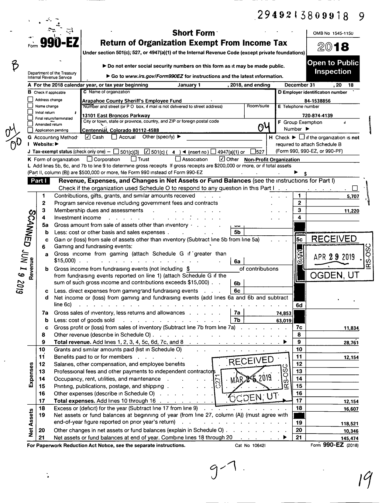 Image of first page of 2018 Form 990EO for Arapahoe County Sheriffs Employee Fund