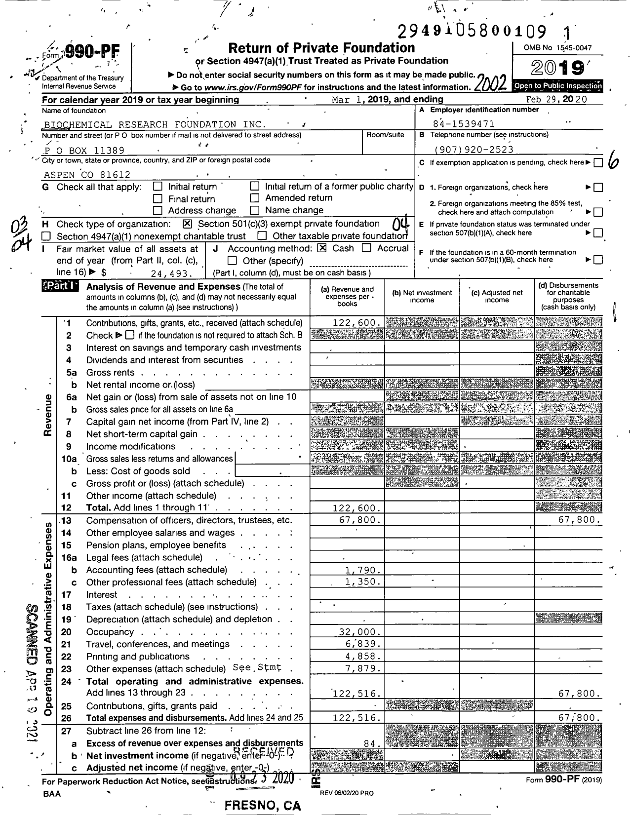 Image of first page of 2019 Form 990PF for Biochemical Research Foundation