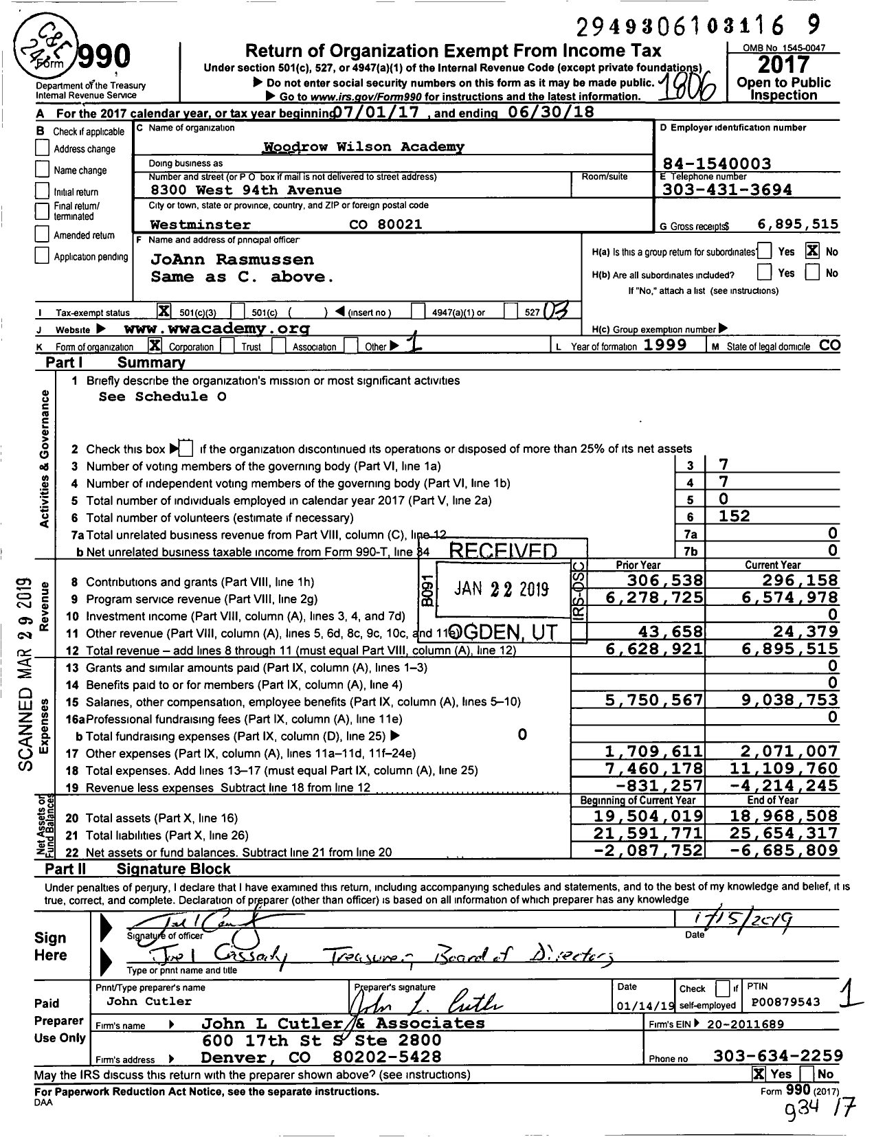 Image of first page of 2017 Form 990 for Woodrow Wilson Academy Elementary School (WWA)