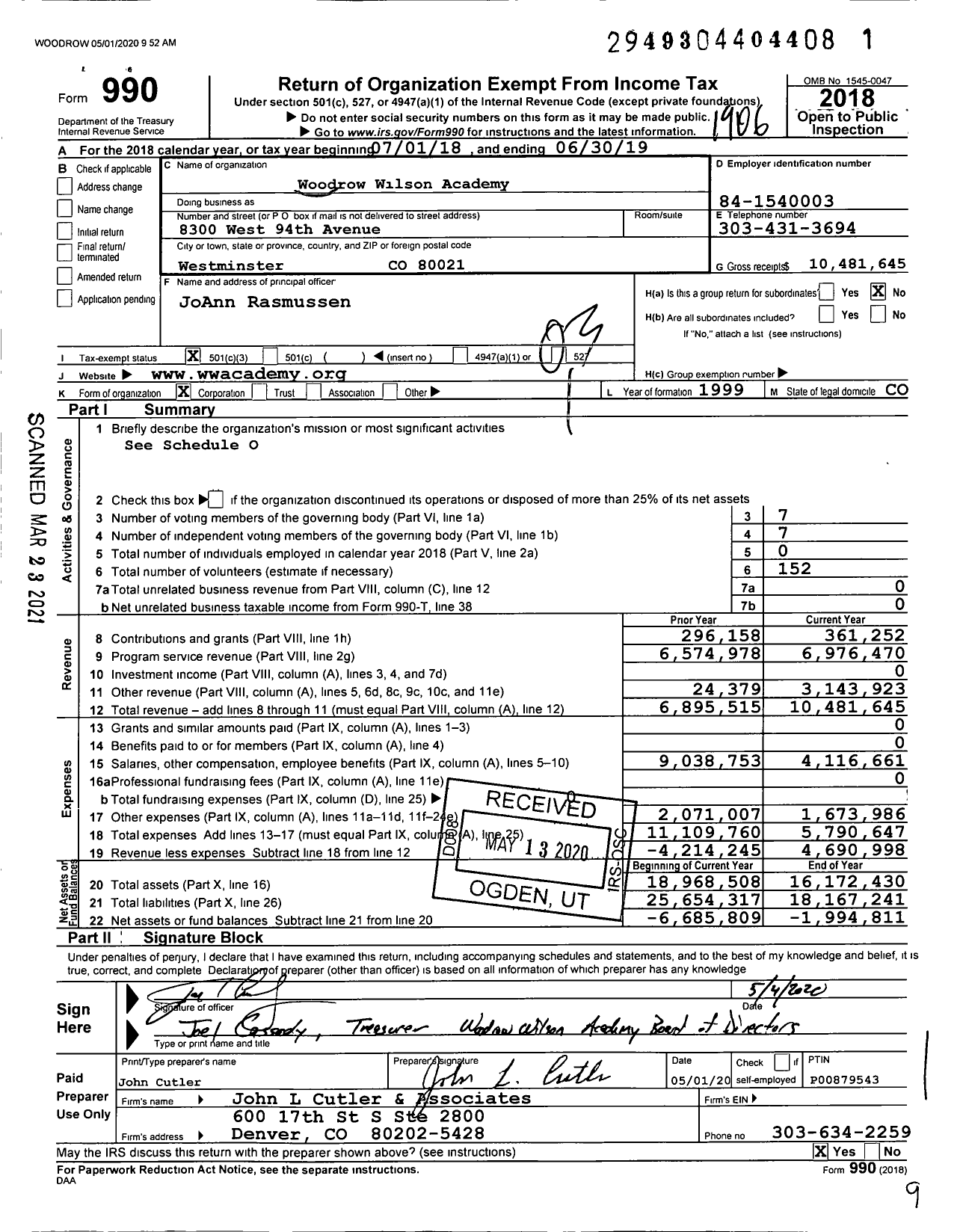Image of first page of 2018 Form 990 for Woodrow Wilson Academy Elementary School (WWA)
