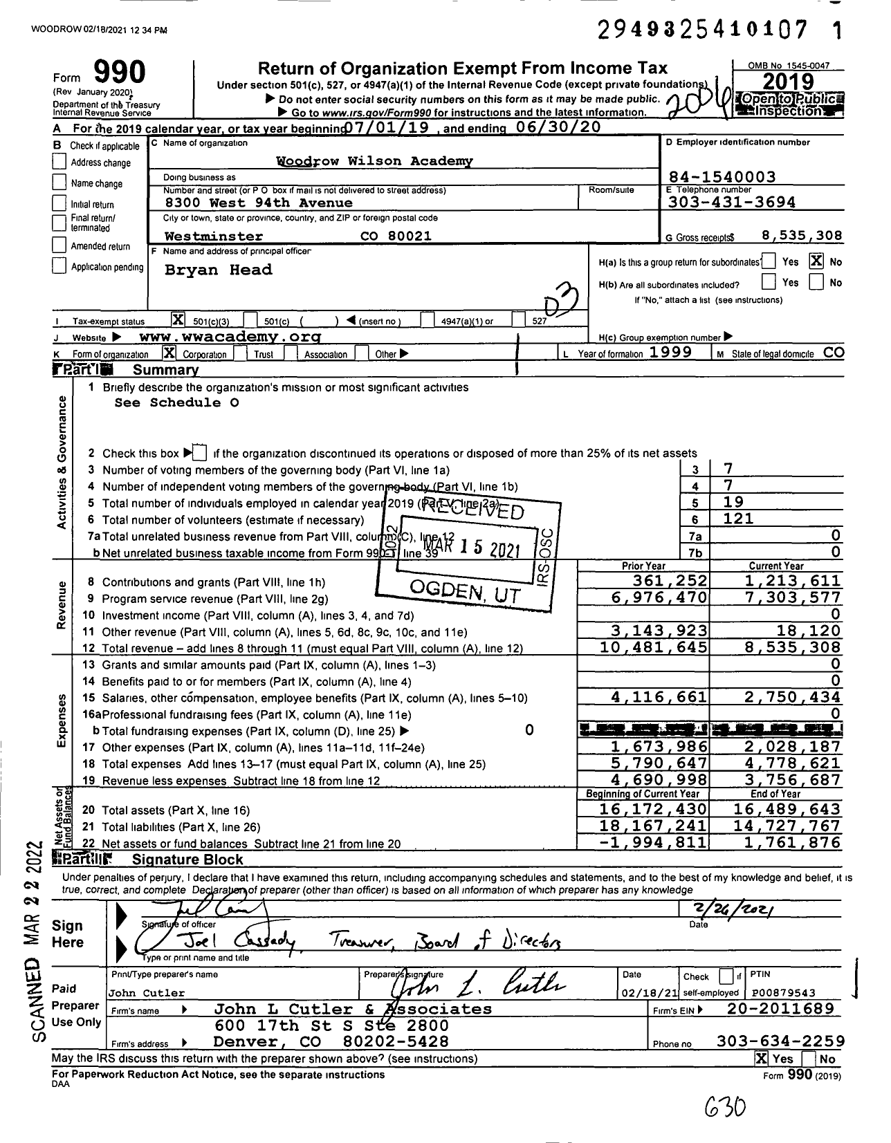 Image of first page of 2019 Form 990 for Woodrow Wilson Academy Elementary School (WWA)