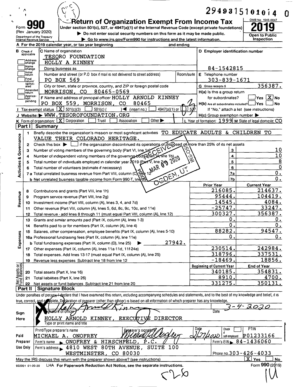 Image of first page of 2019 Form 990 for Tesoro Cultural Center