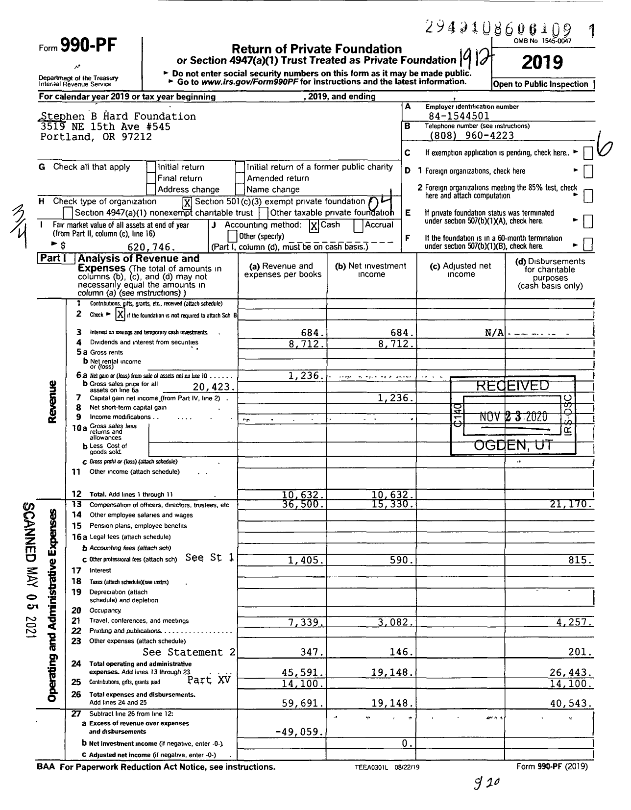 Image of first page of 2019 Form 990PF for The Stephen B Hard Foundation