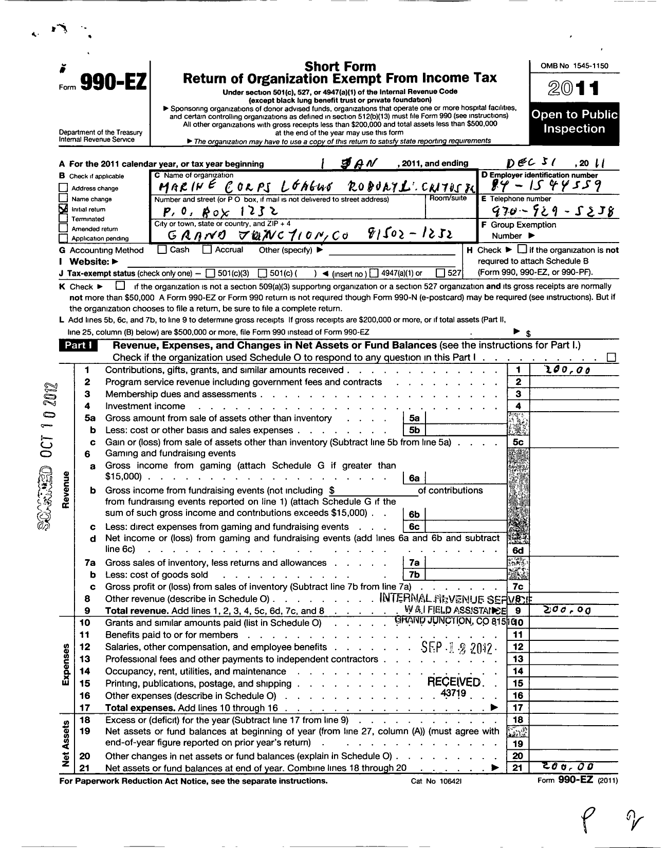 Image of first page of 2011 Form 990EO for Marine Corps League - 624 MCL Robert Crites JR Det