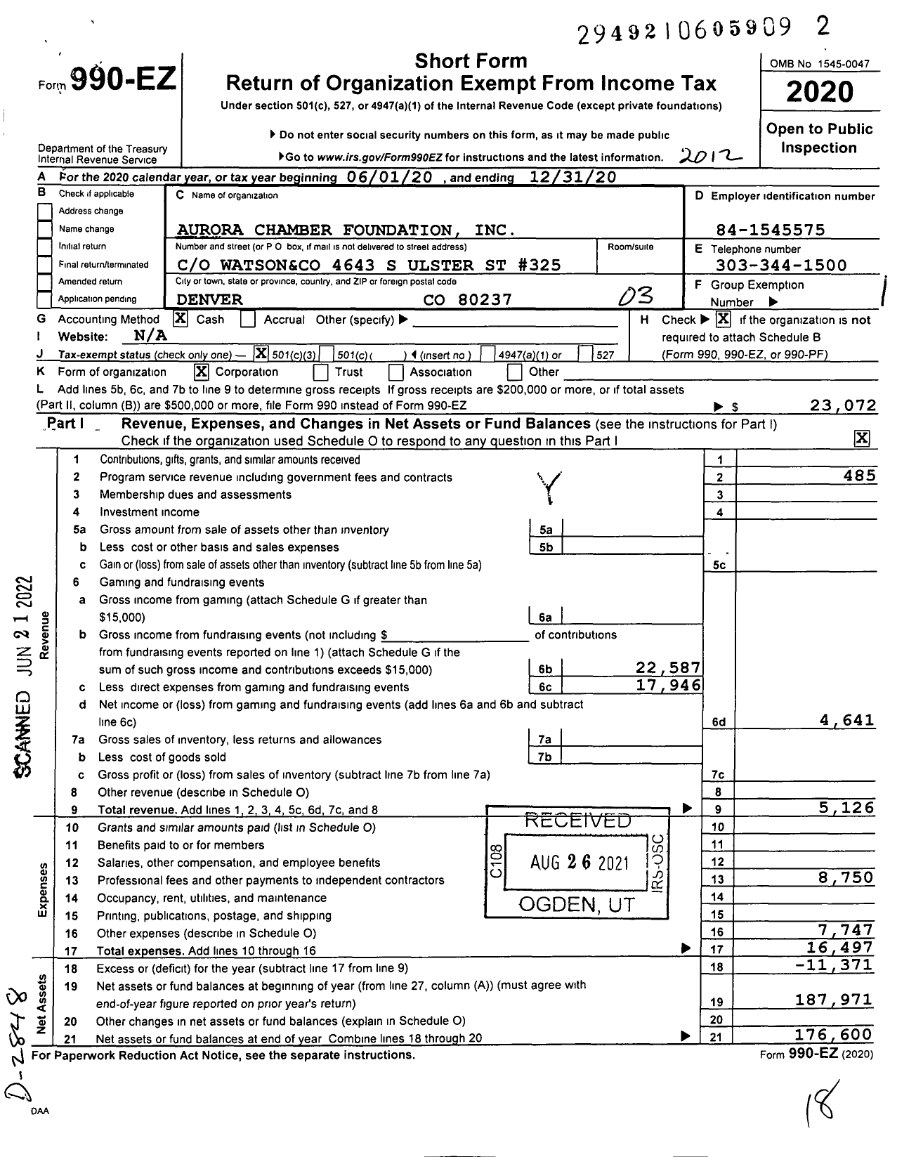 Image of first page of 2020 Form 990EZ for Aurora Chamber Foundation