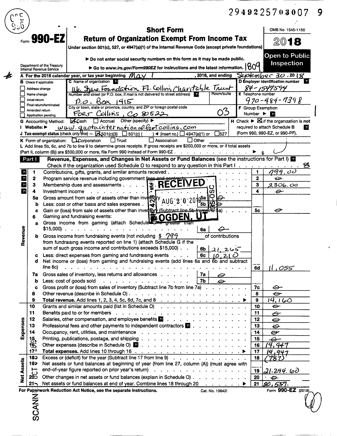 Image of first page of 2017 Form 990EZ for We Share Foundation / Fort Collins Charitable Trust