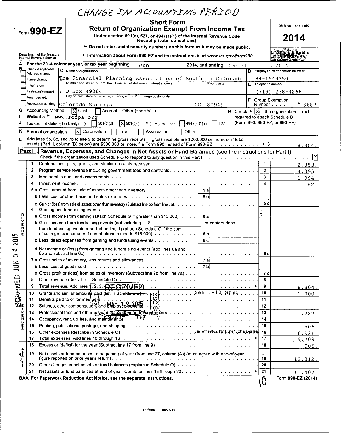 Image of first page of 2014 Form 990EO for Financial Planning Association / Fpa of Southern Colorado