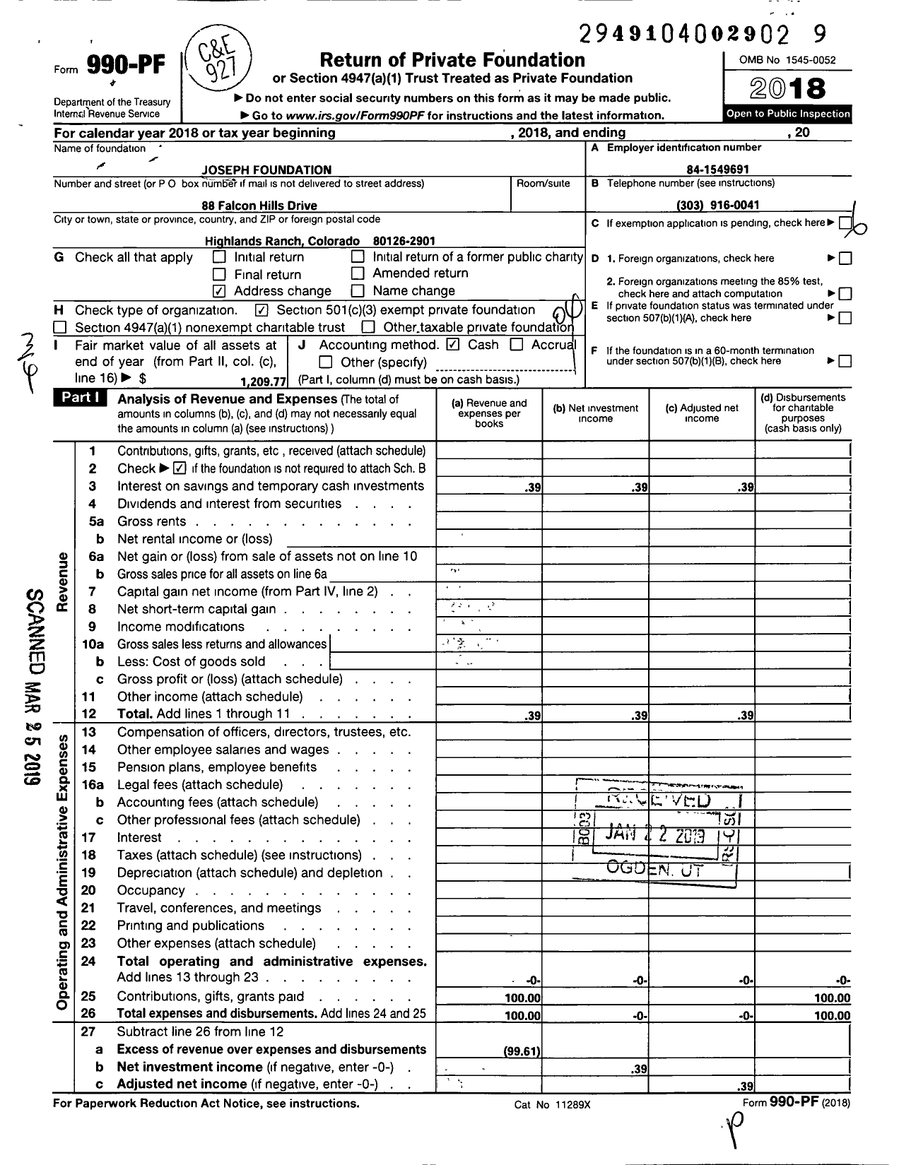 Image of first page of 2018 Form 990PF for Joseph Foundation