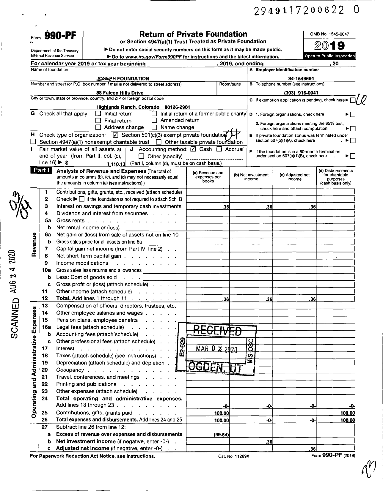 Image of first page of 2019 Form 990PR for Joseph Foundation