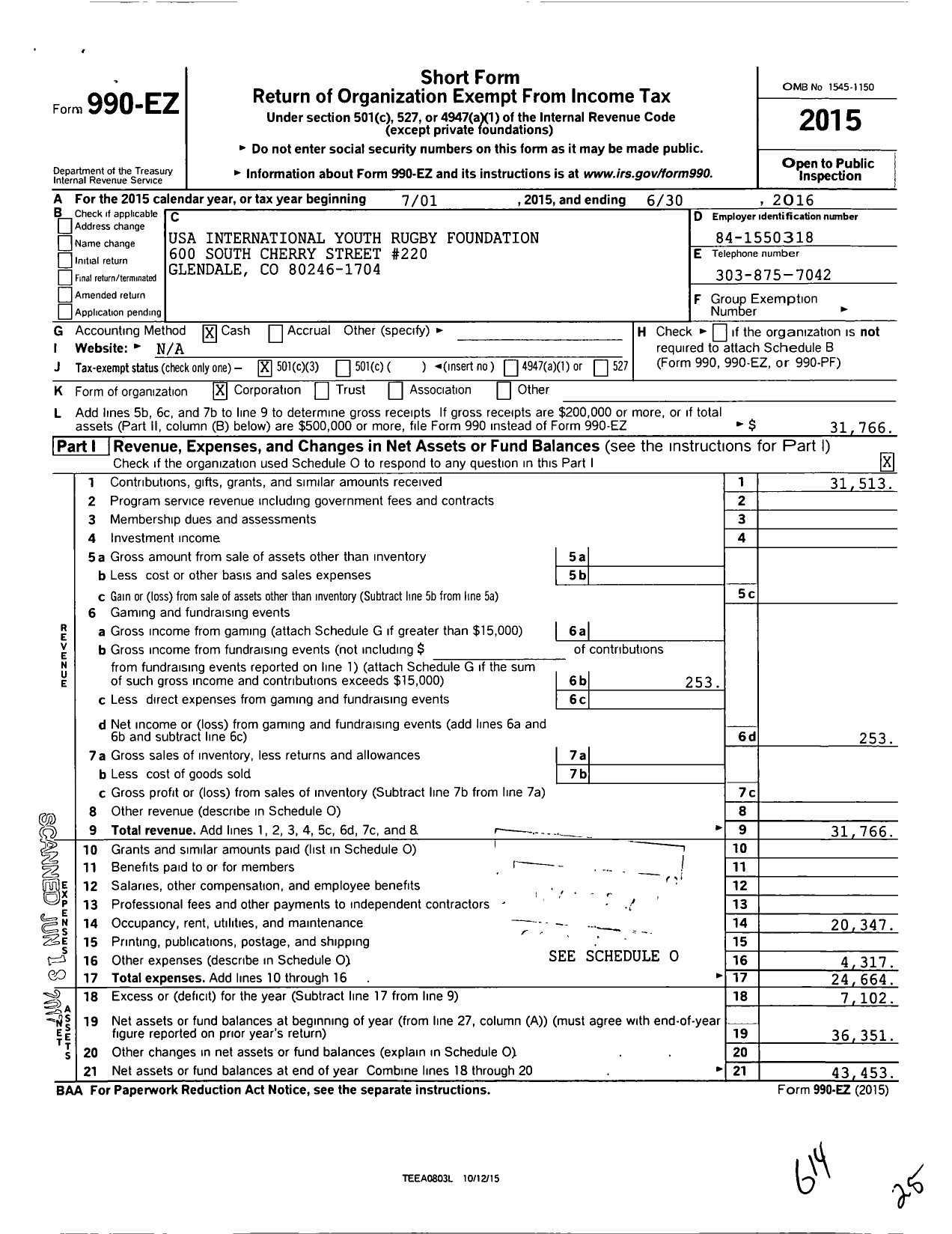 Image of first page of 2015 Form 990EZ for USA International Youth Rugby Foundation