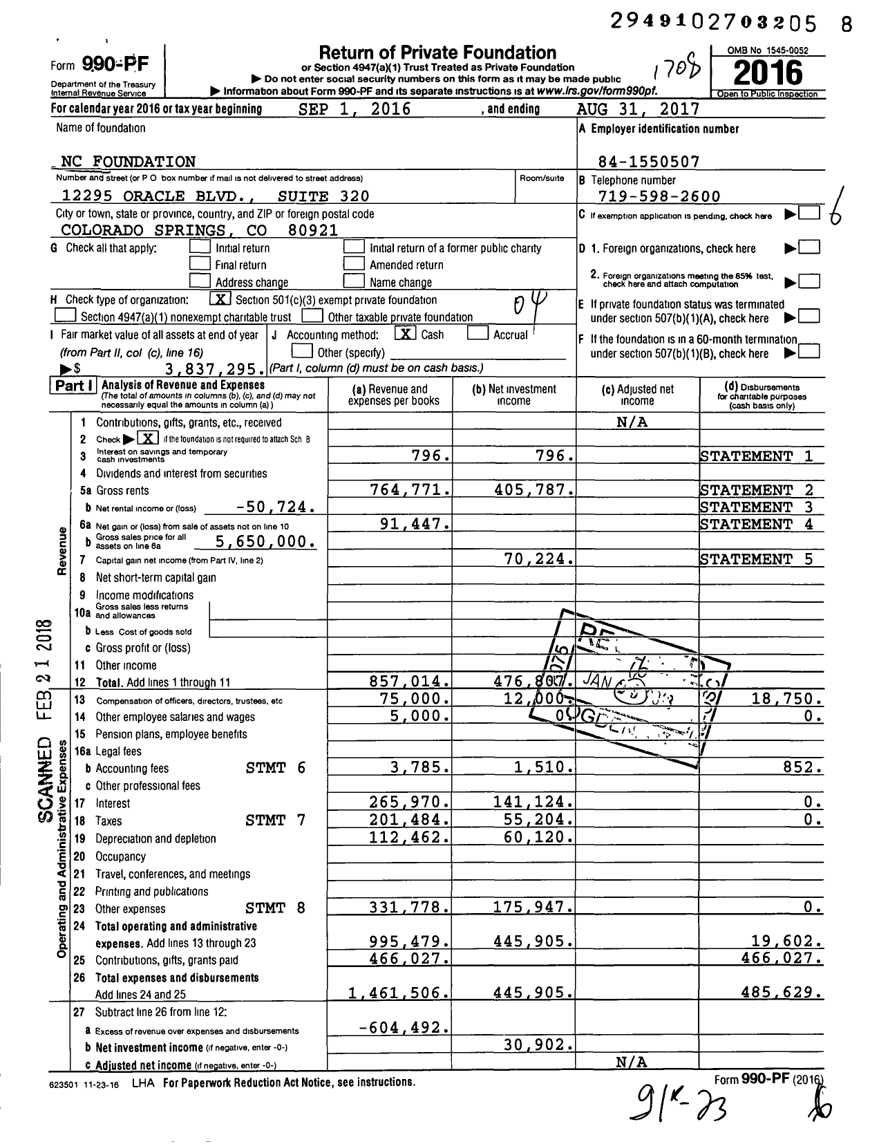 Image of first page of 2016 Form 990PF for NC Foundation