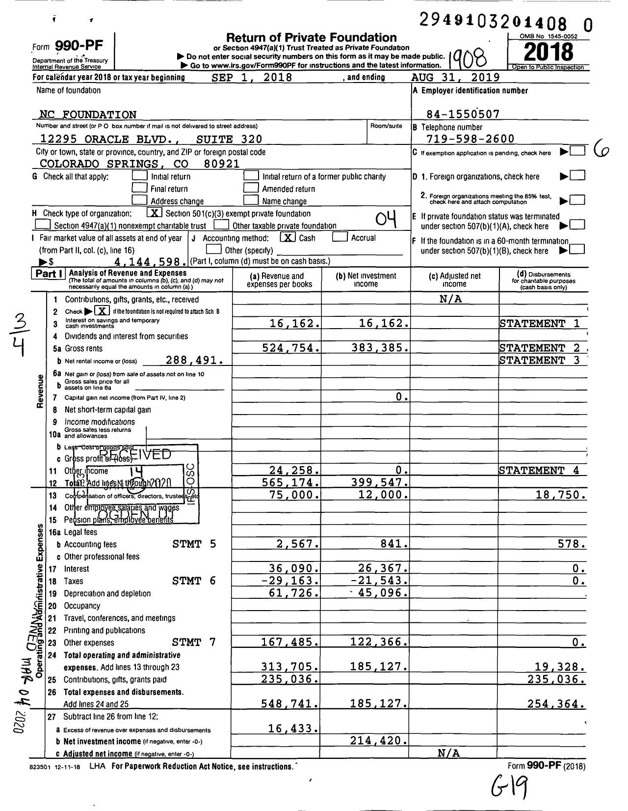 Image of first page of 2018 Form 990PR for NC Foundation