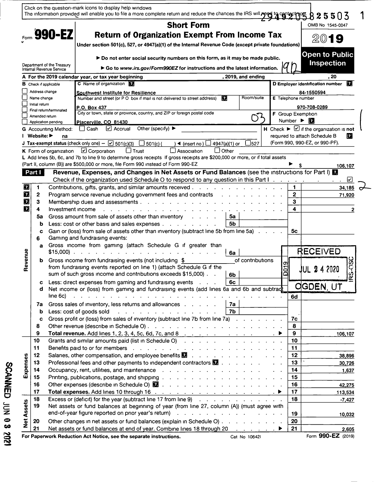 Image of first page of 2019 Form 990EZ for Southwest Institute for Resilience