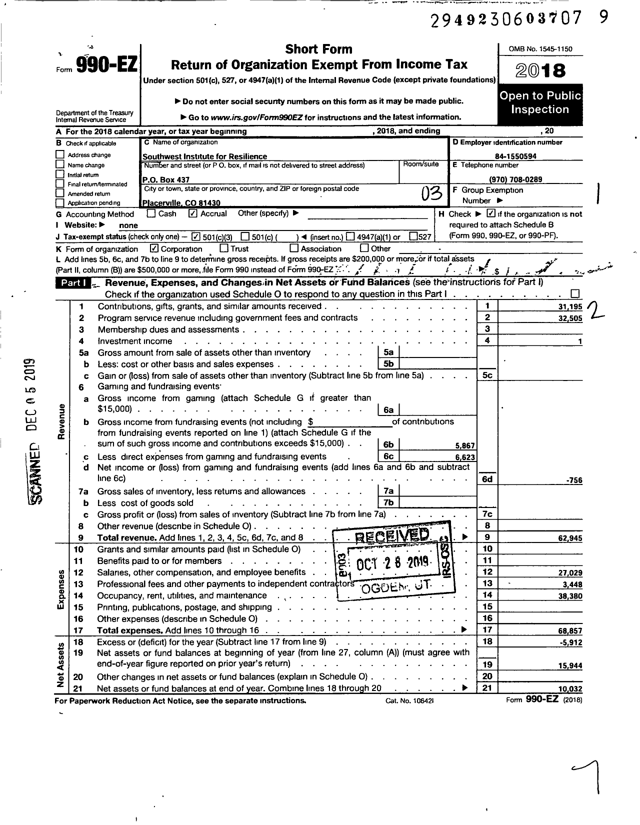 Image of first page of 2018 Form 990EZ for Southwest Institute for Resilience