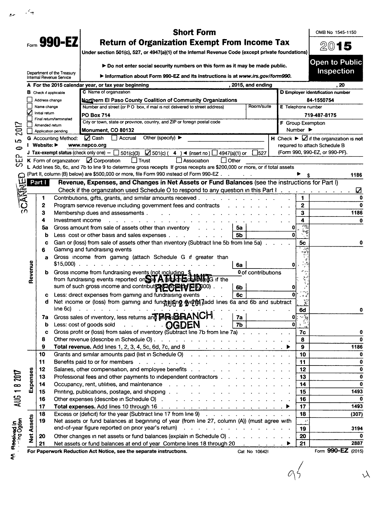 Image of first page of 2015 Form 990EO for Northern El Paso Coalition of Commu nity Associations