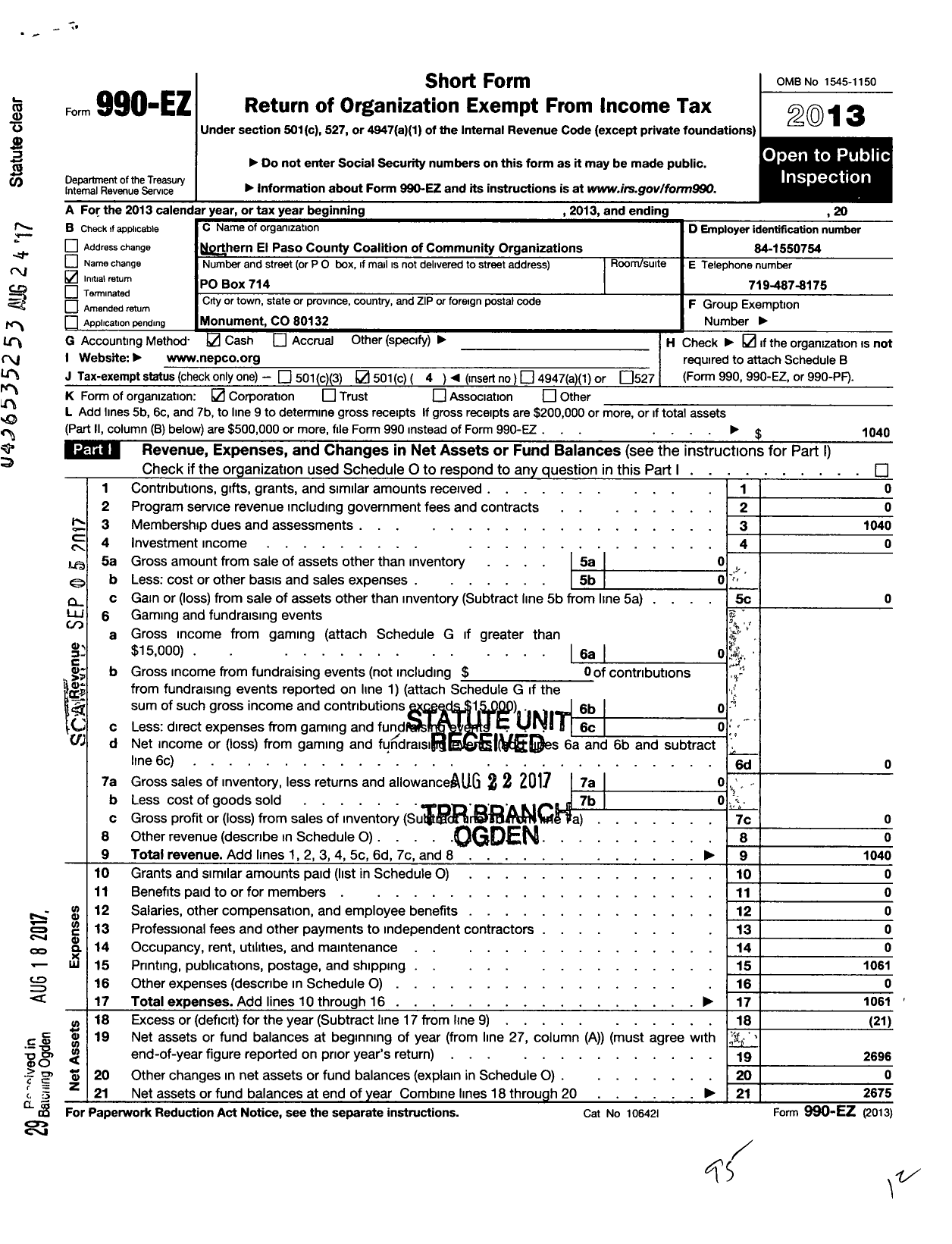 Image of first page of 2013 Form 990EO for Northern El Paso Coalition of Commu nity Associations