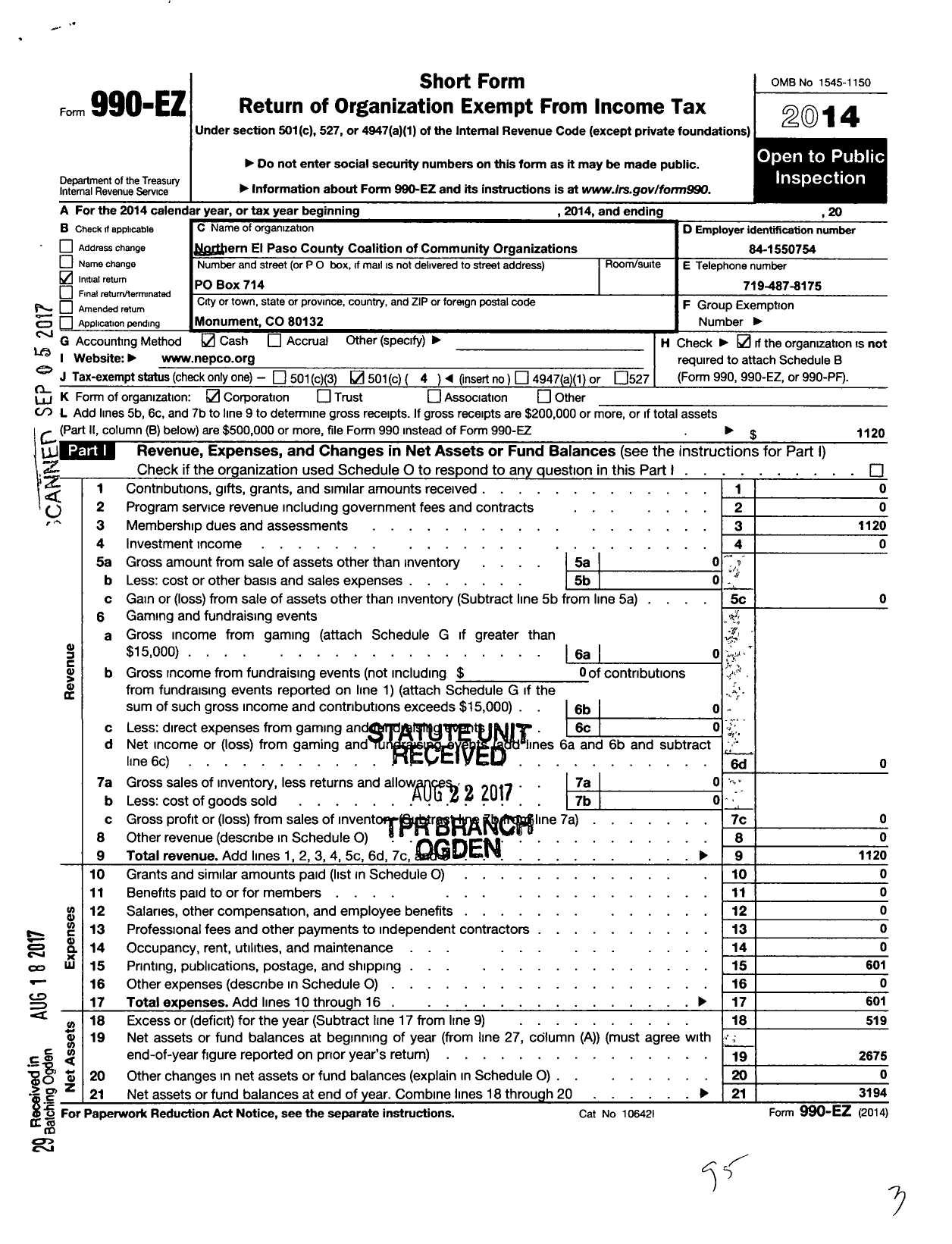 Image of first page of 2014 Form 990EO for Northern El Paso Coalition of Commu nity Associations