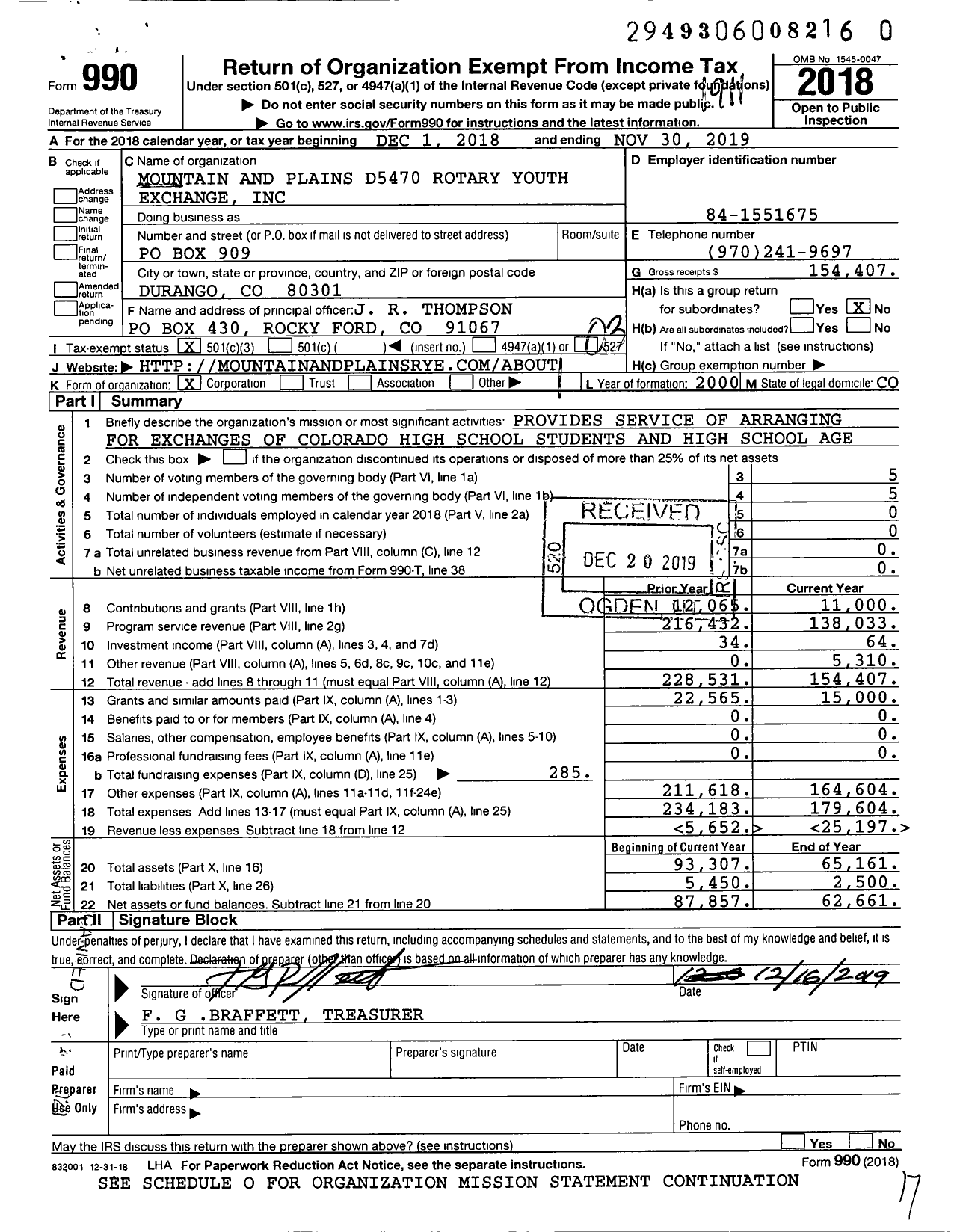 Image of first page of 2018 Form 990 for Mountain and Plains Rotary Youth Exchange Change