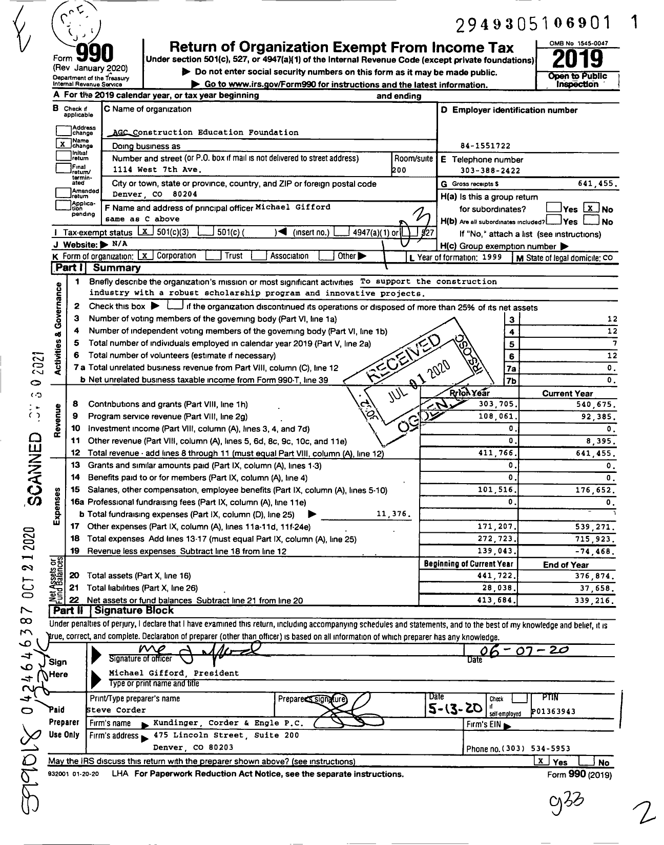 Image of first page of 2019 Form 990 for AGC Construction Education Foundation