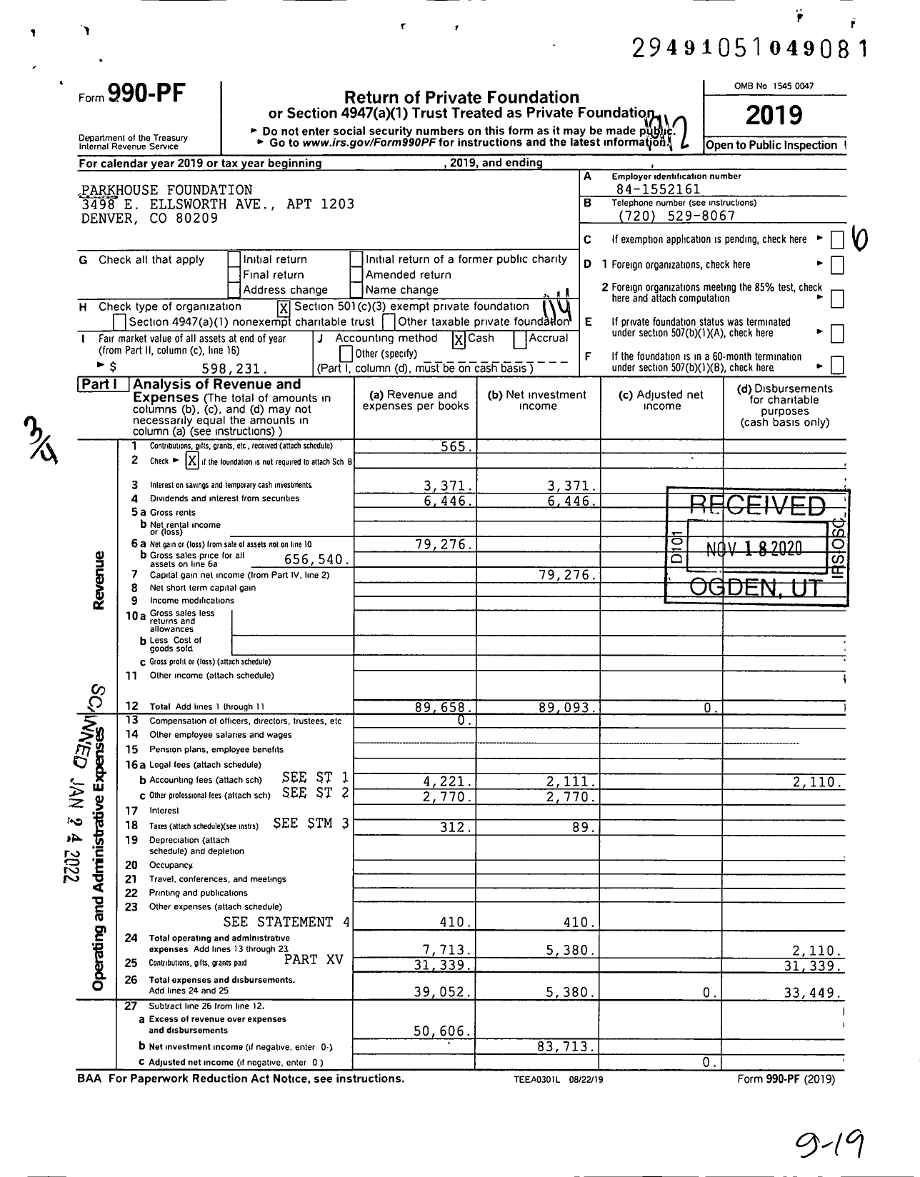 Image of first page of 2019 Form 990PF for Parkhouse Foundation