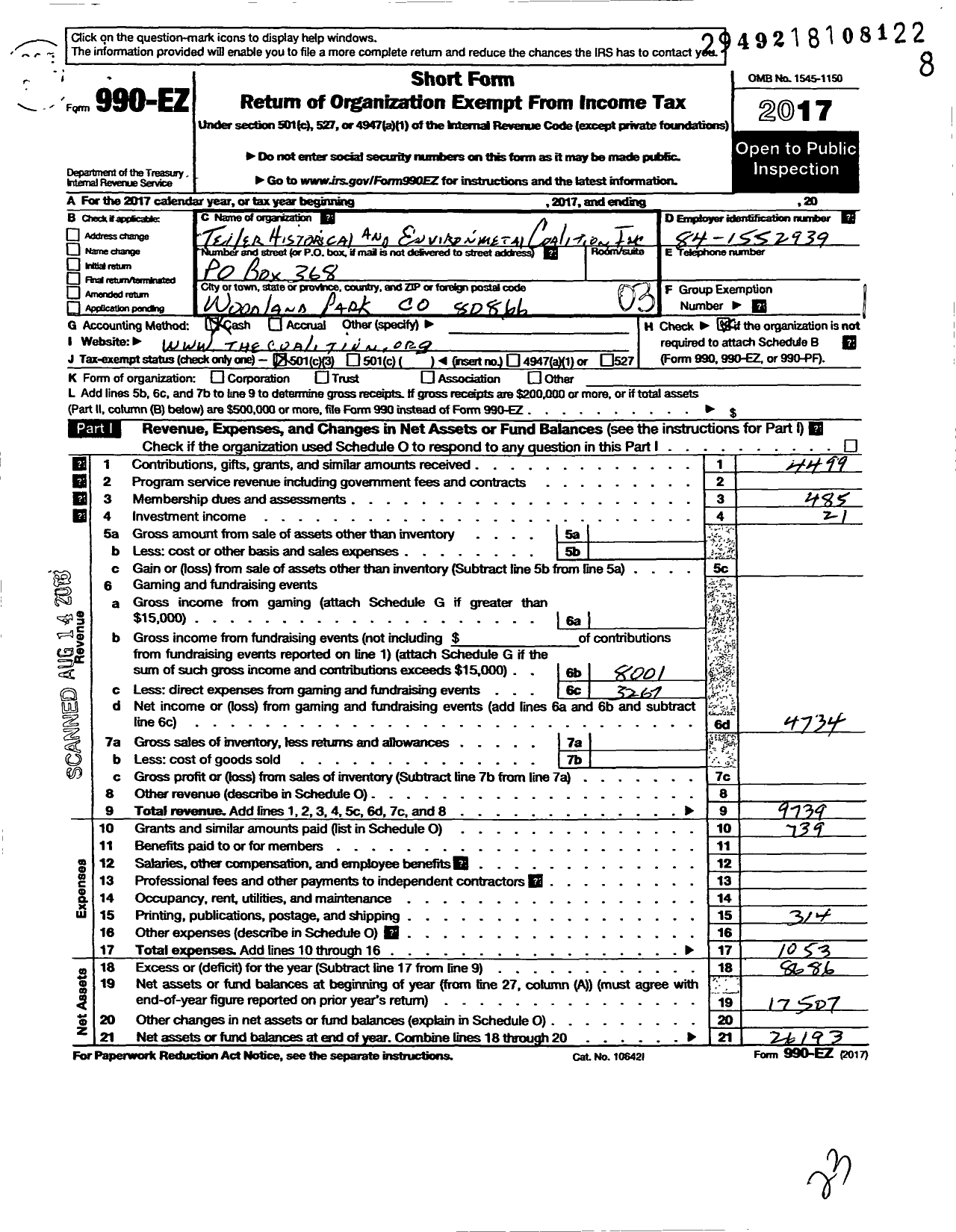 Image of first page of 2017 Form 990EZ for Teller Historic and Environmental Coalition