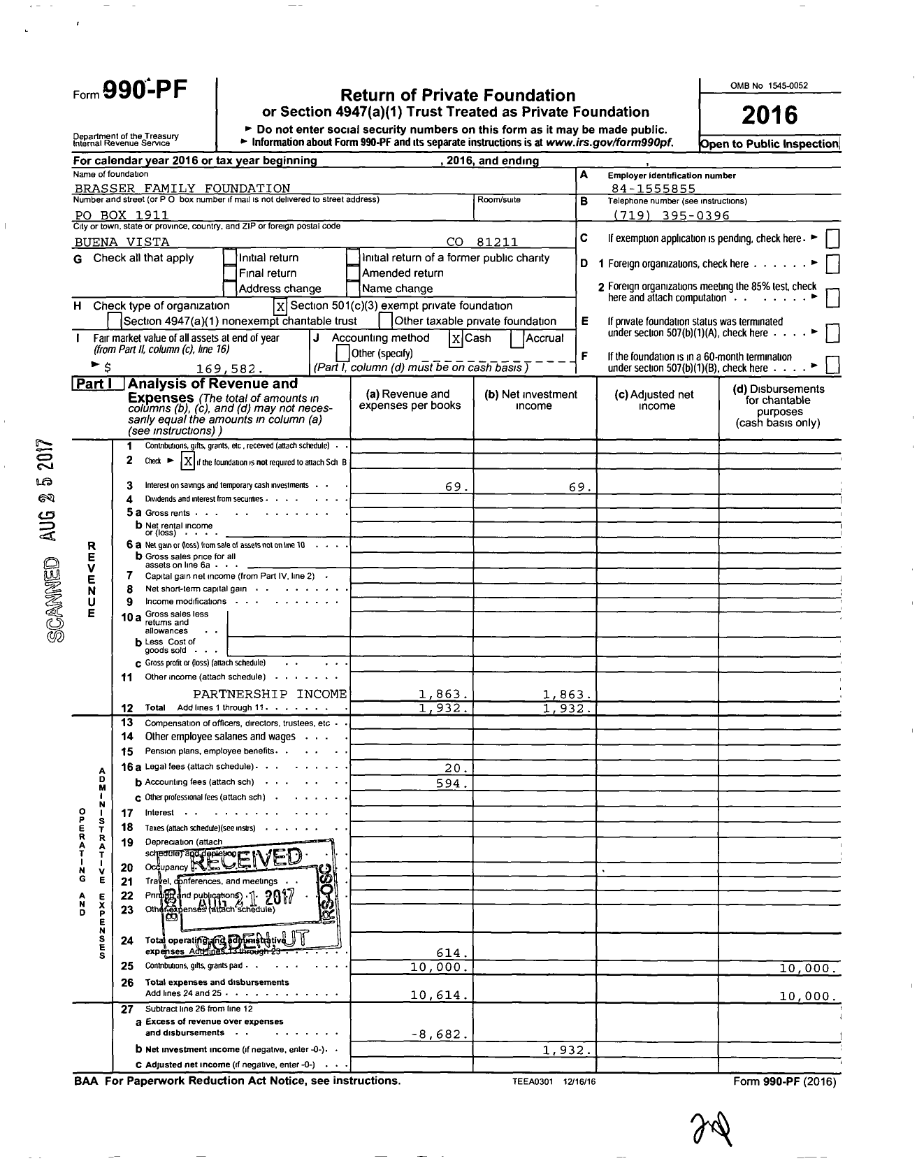 Image of first page of 2016 Form 990PF for Brasser Family Foundation
