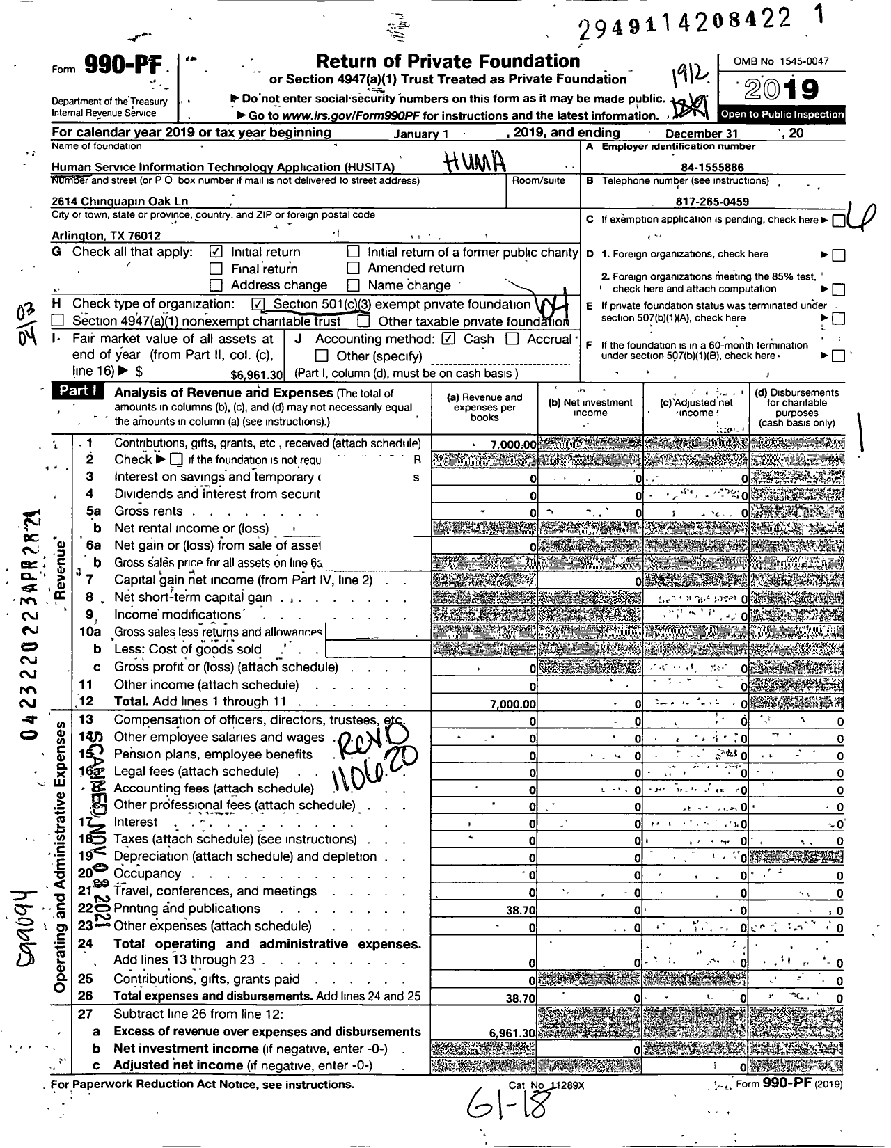 Image of first page of 2019 Form 990PF for Human Service Information Technology Applications (HUSITA)