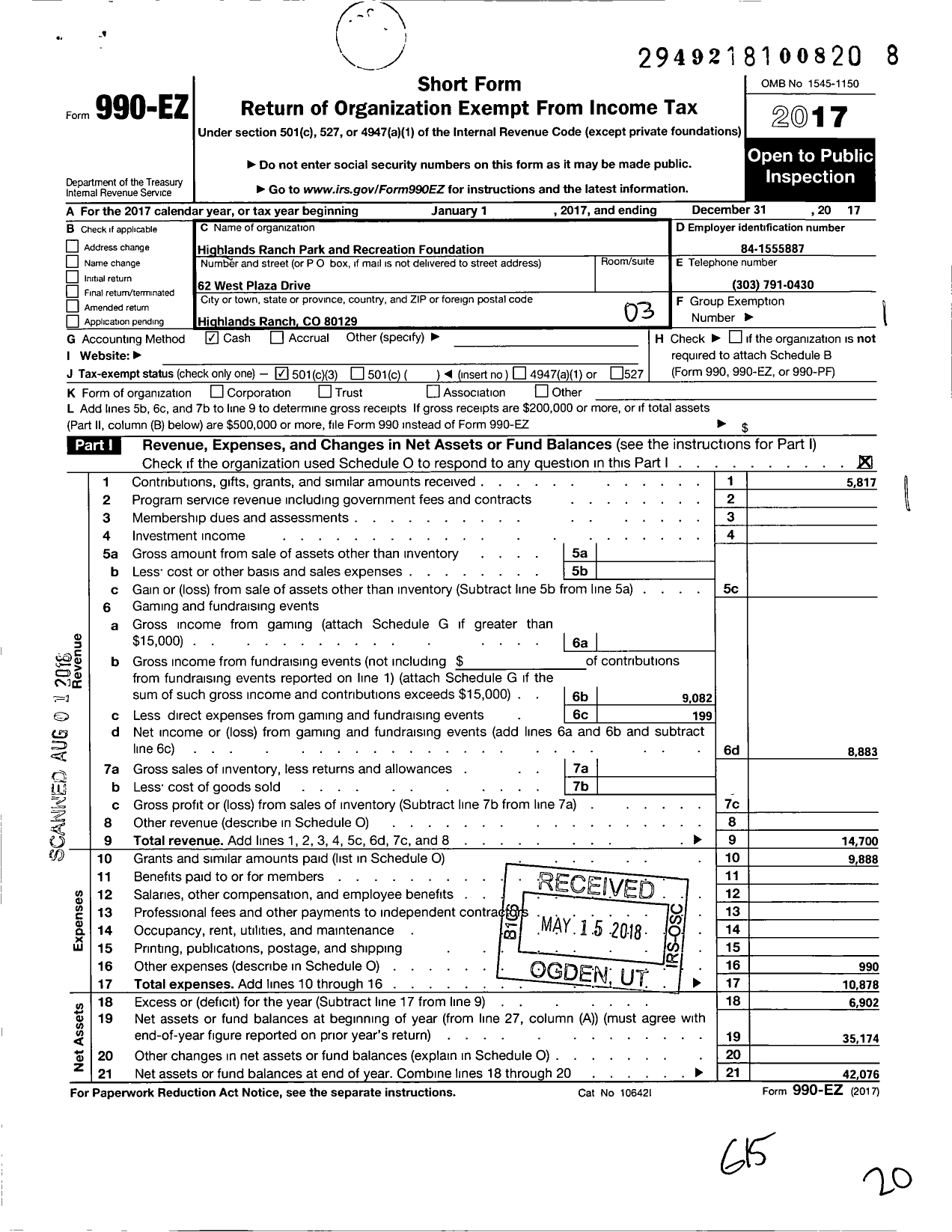 Image of first page of 2017 Form 990EZ for Highlands Ranch Park and Recreation Foundation