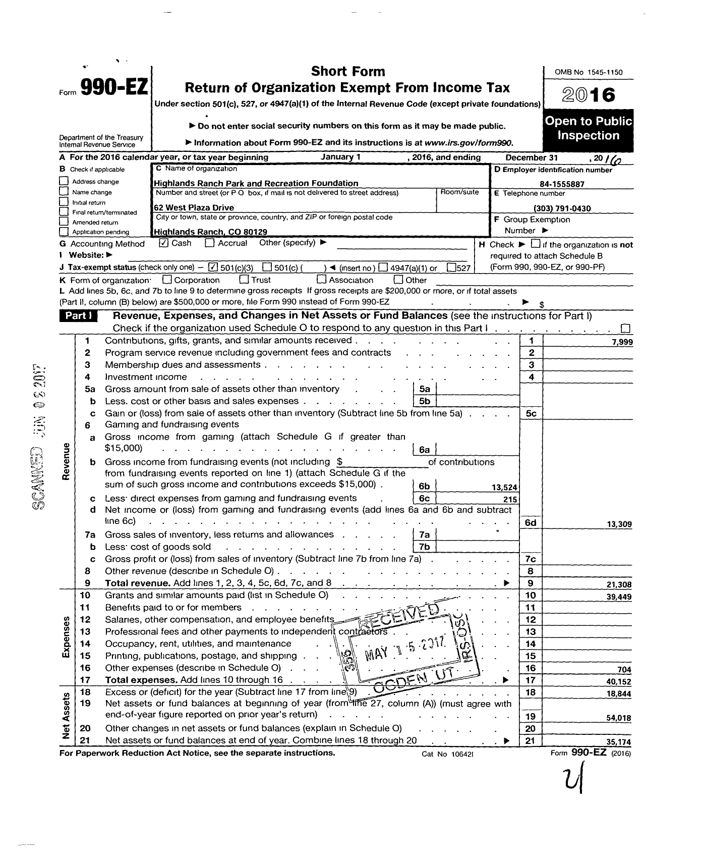 Image of first page of 2016 Form 990EZ for Highlands Ranch Park and Recreation Foundation