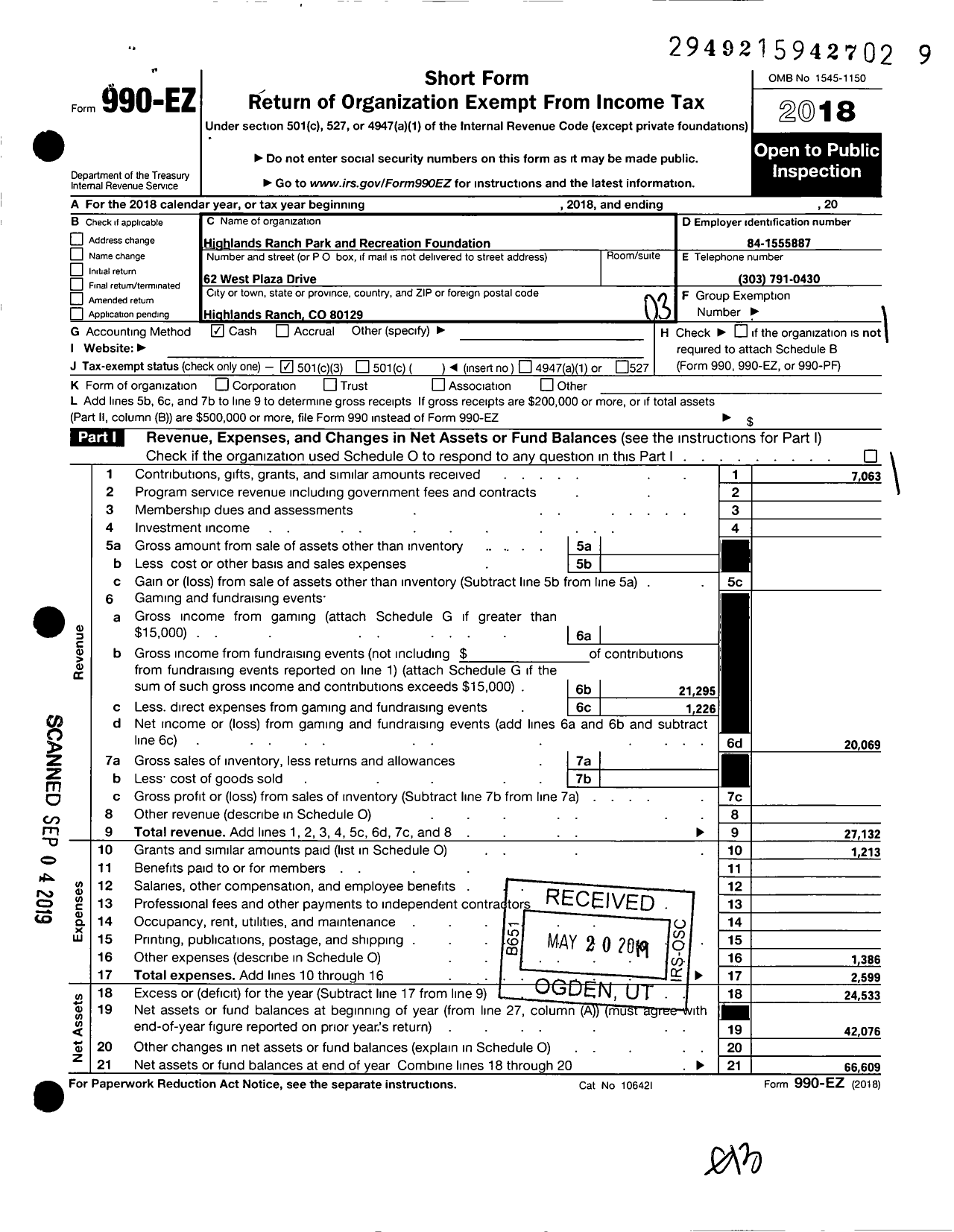 Image of first page of 2018 Form 990EZ for Highlands Ranch Park and Recreation Foundation
