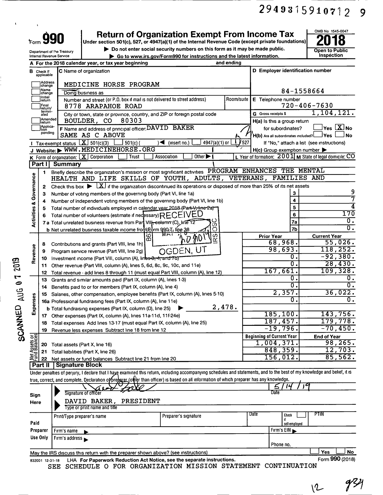Image of first page of 2018 Form 990 for Medicine Horse