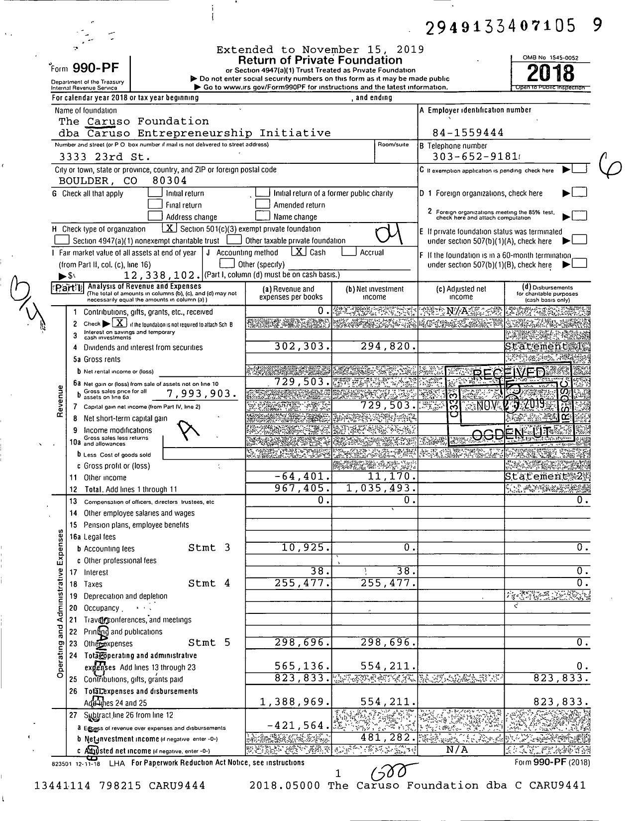 Image of first page of 2018 Form 990PF for Caruso Entrepreneurship Initiative