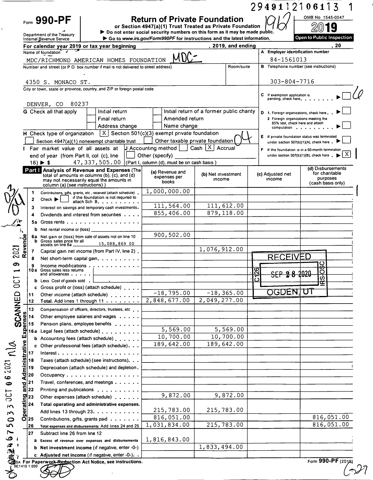 Image of first page of 2019 Form 990PF for MDC-Richmond American Homes Foundation