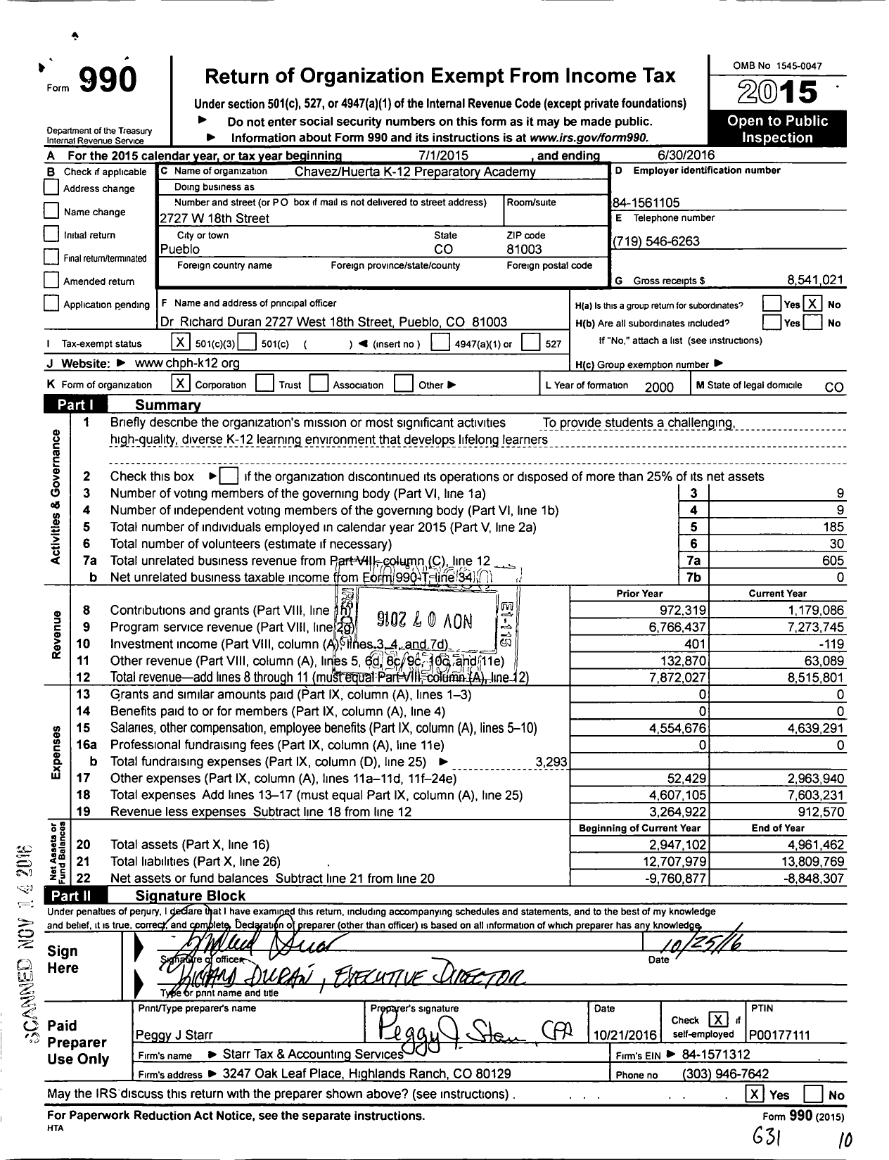 Image of first page of 2015 Form 990 for Chavez Huerta K-12 Preparatory Academy