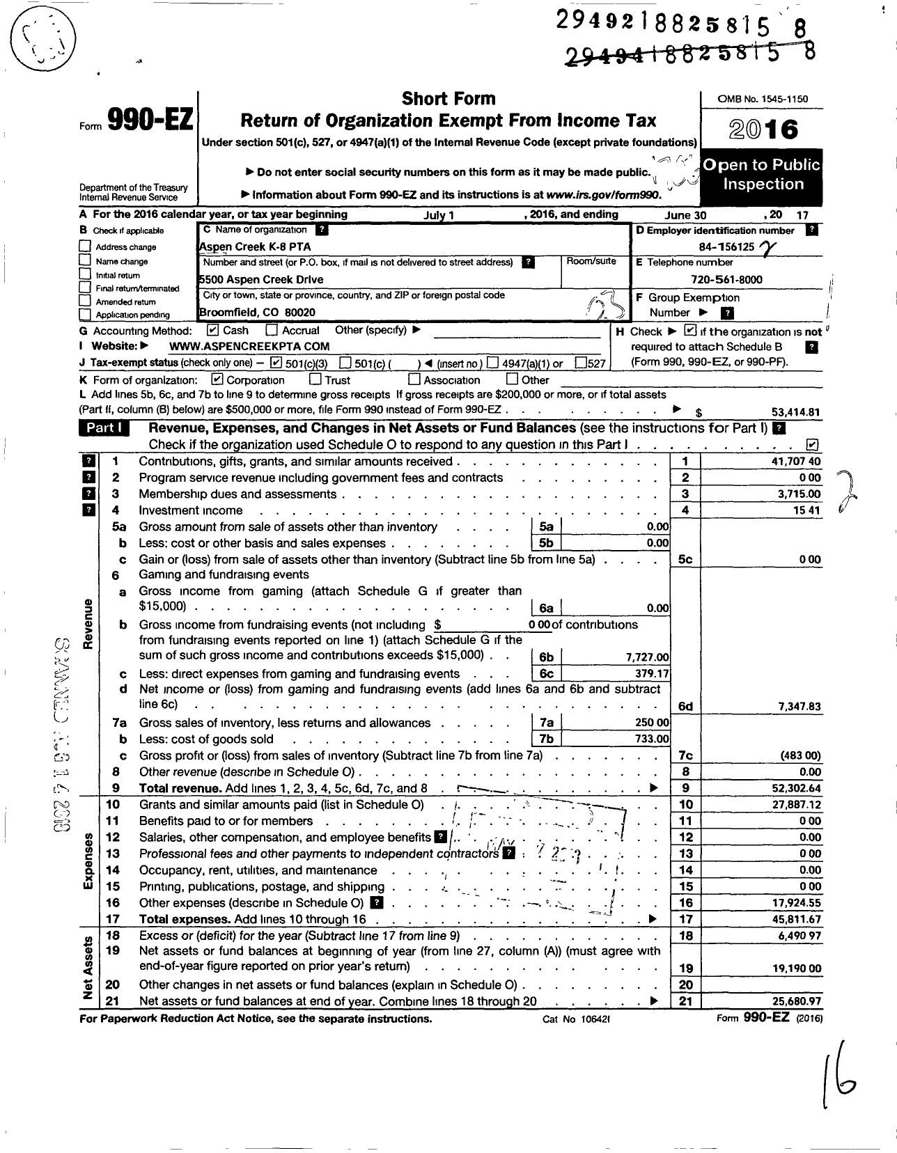 Image of first page of 2016 Form 990EZ for PTA Colorado Congress / Aspen Creek K-8