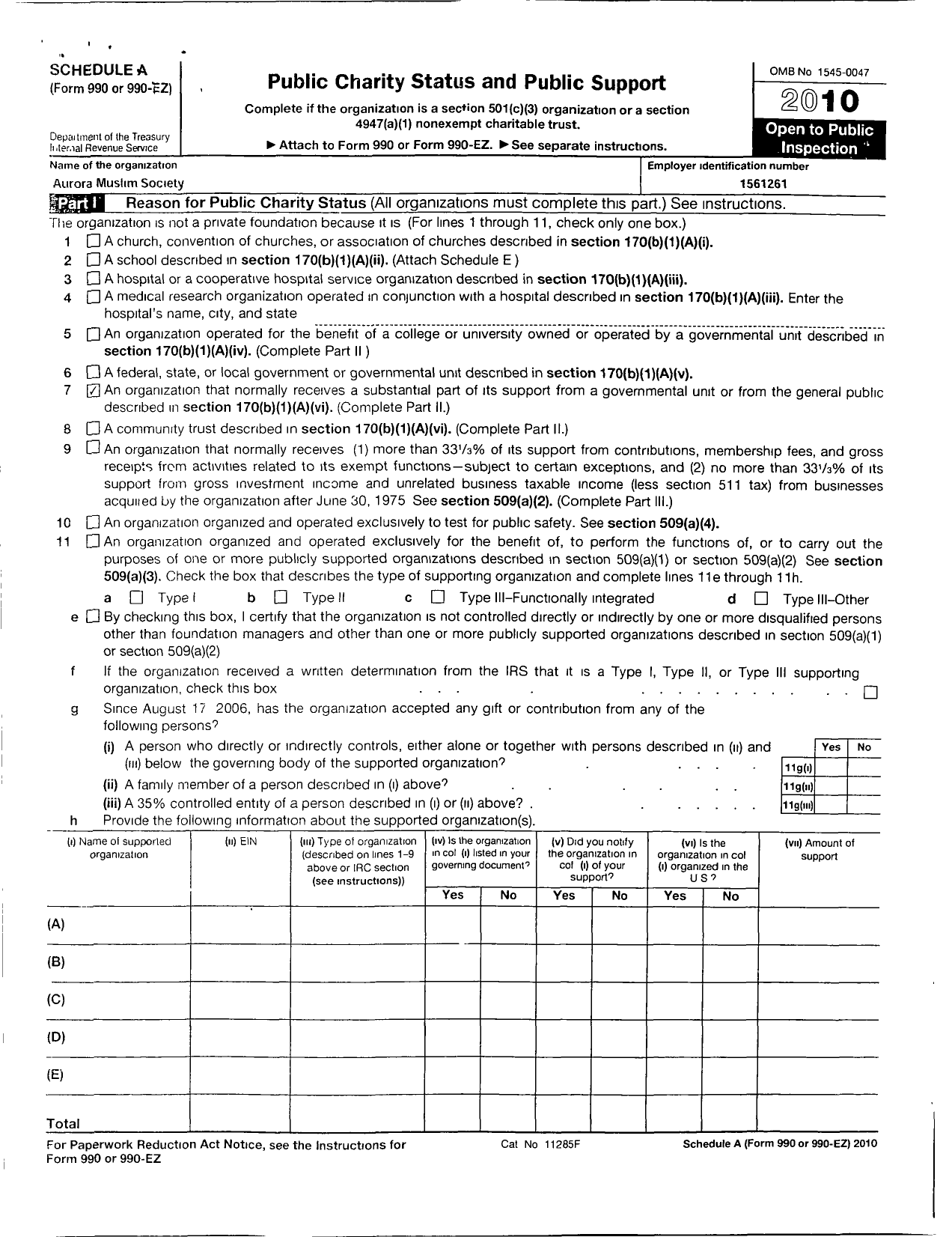 Image of first page of 2010 Form 990ER for Aurora Muslim Society