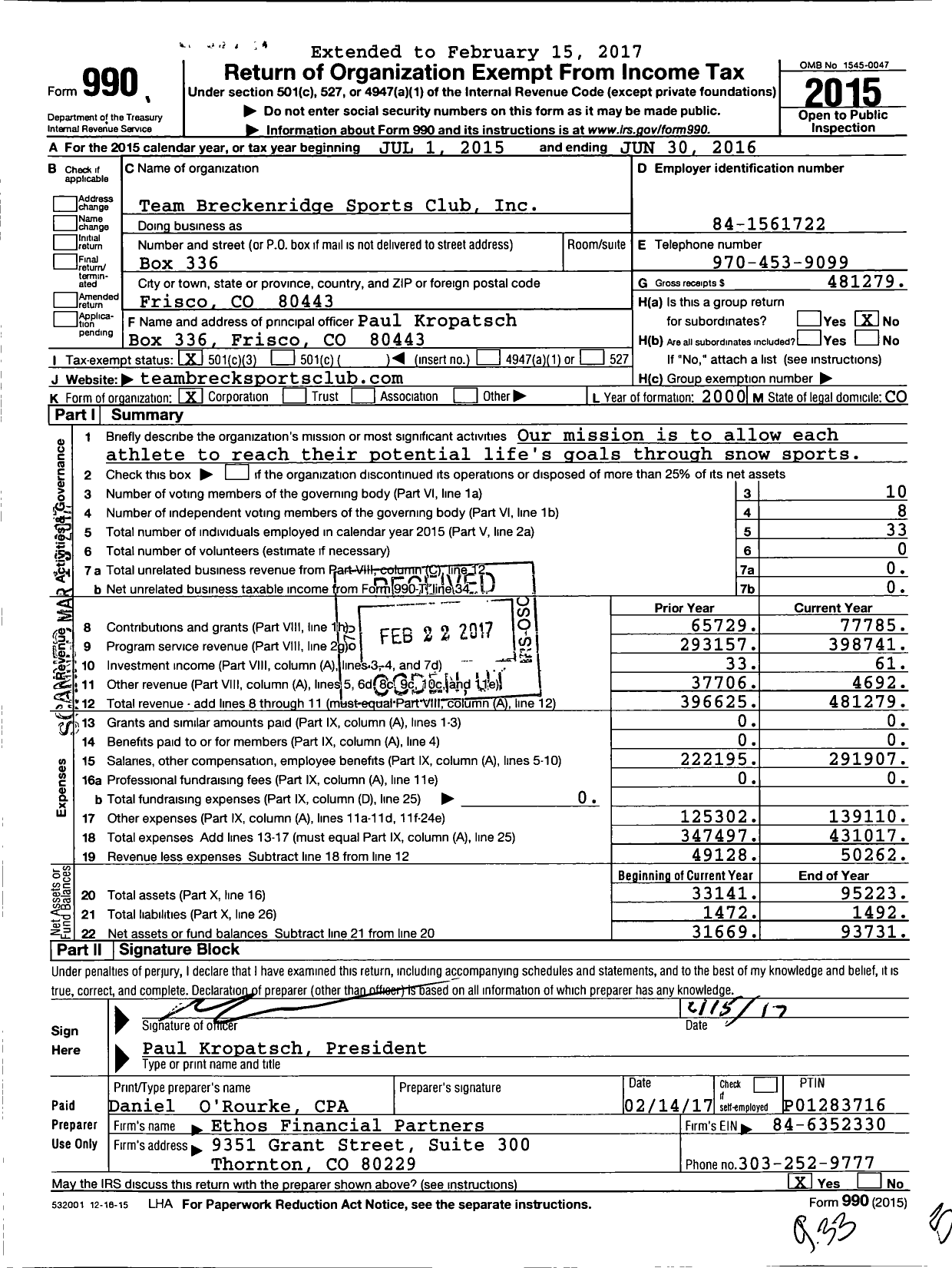 Image of first page of 2015 Form 990 for Team Breckenridge Sports Club