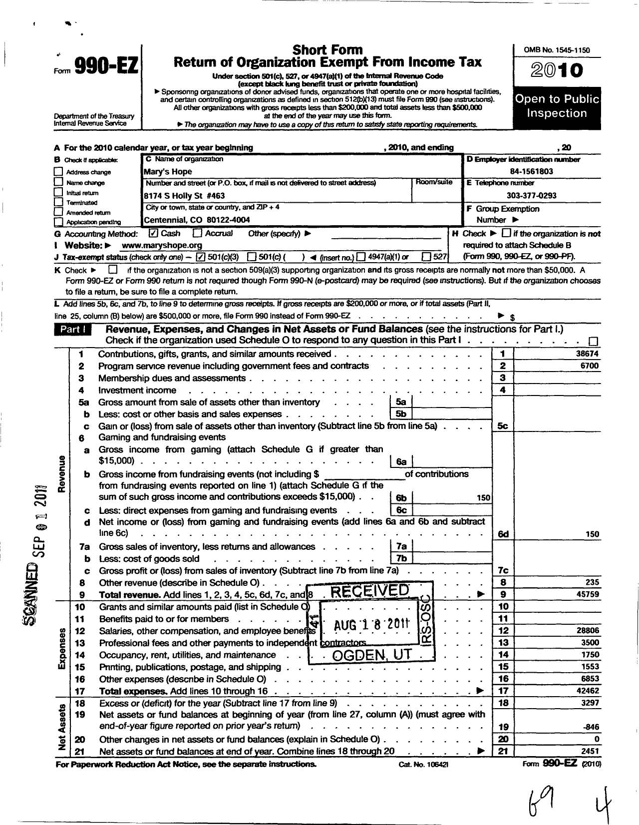 Image of first page of 2010 Form 990EZ for Marys Hope