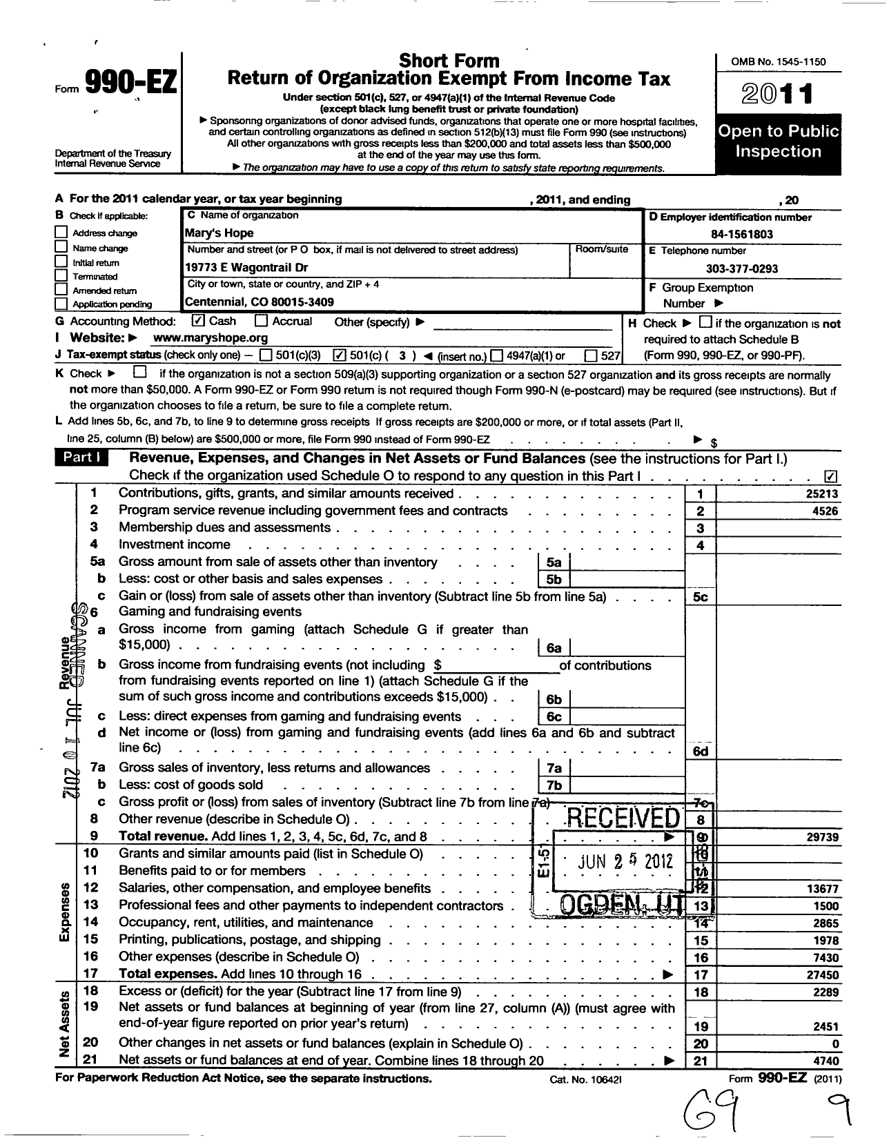 Image of first page of 2011 Form 990EZ for Marys Hope