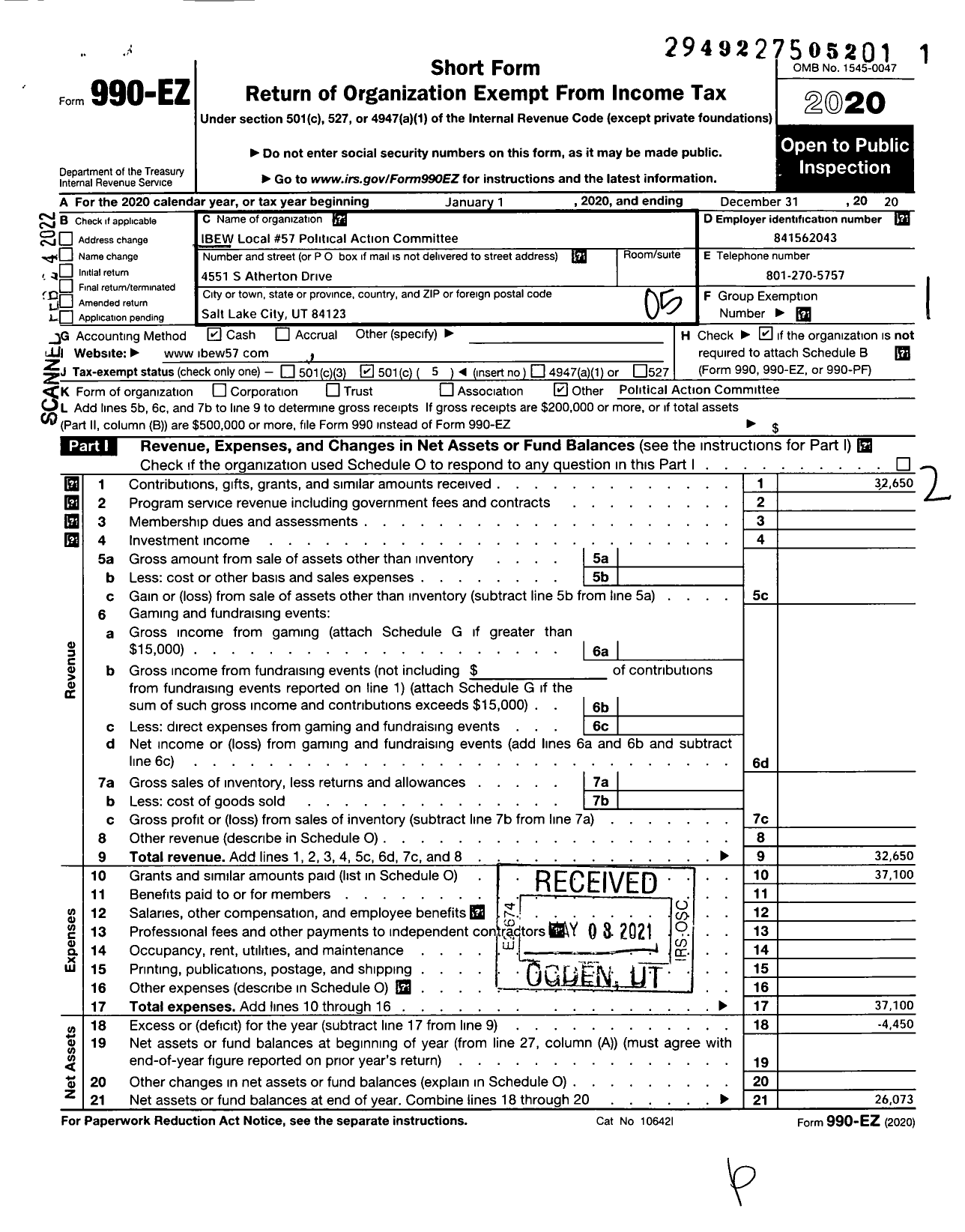 Image of first page of 2020 Form 990EO for IBEW Local #57 Political Action Committee