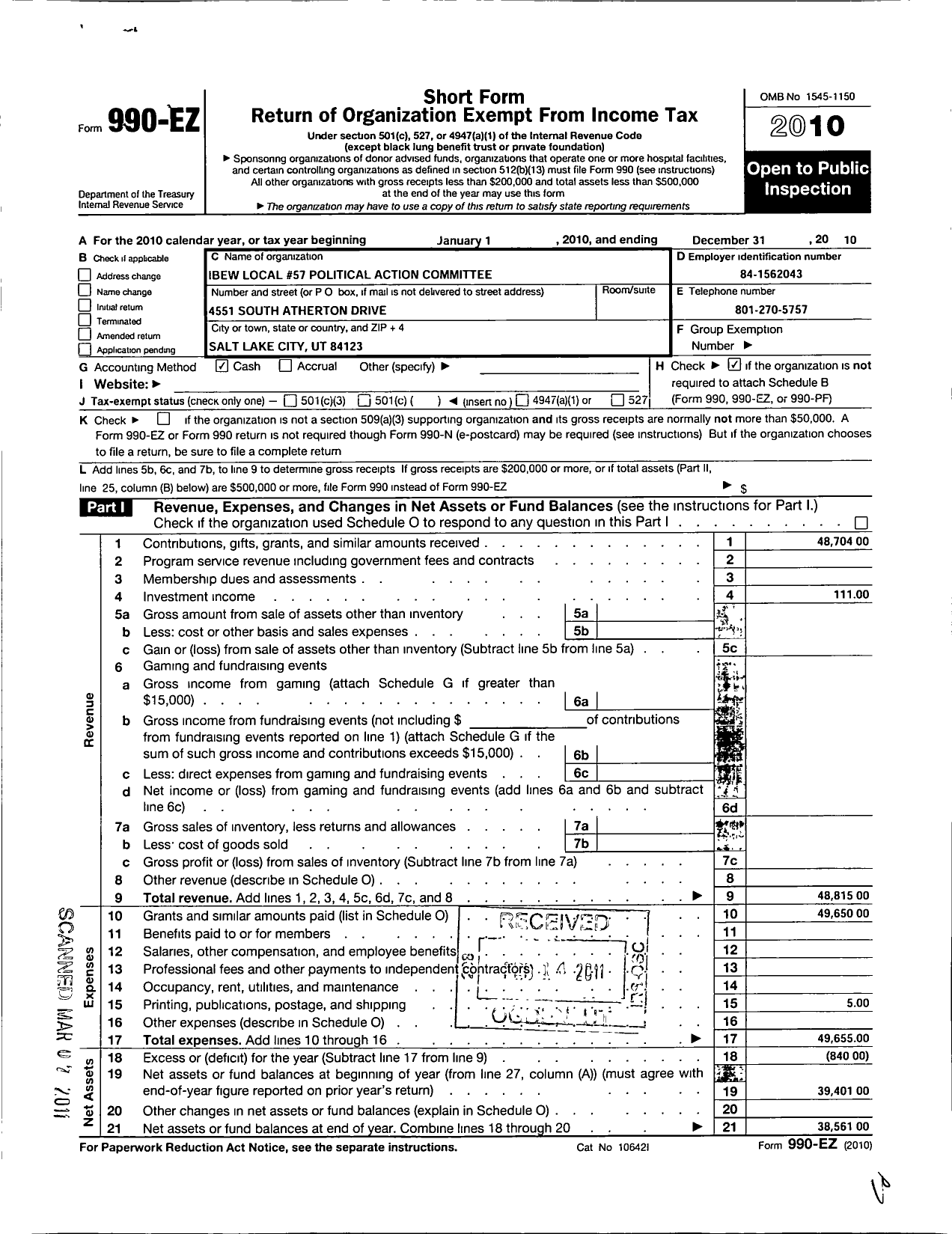 Image of first page of 2010 Form 990EO for IBEW Local #57 Political Action Committee