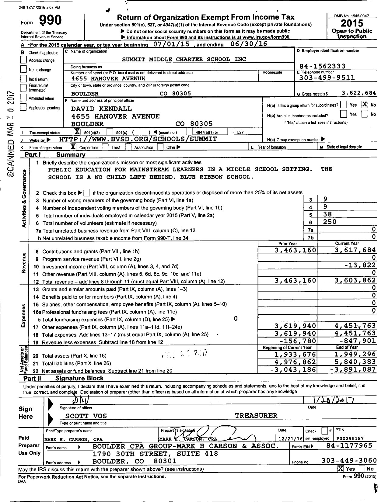 Image of first page of 2015 Form 990 for Summit Middle School