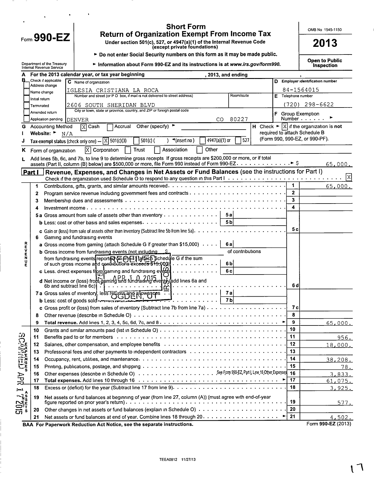 Image of first page of 2013 Form 990EZ for Iglesia Cristiana La Roca