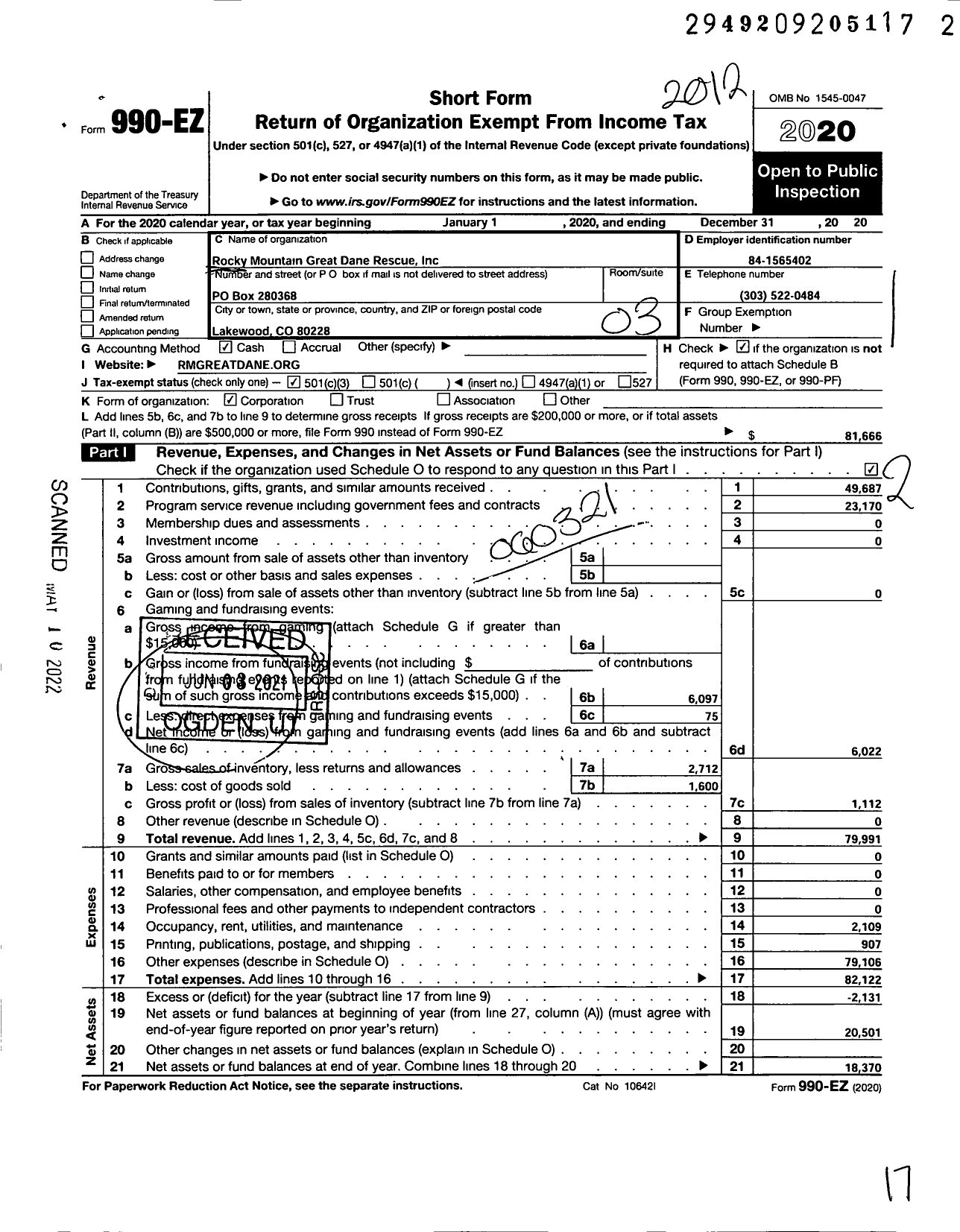 Image of first page of 2020 Form 990EZ for Rocky Mountain Great Dane Rescue