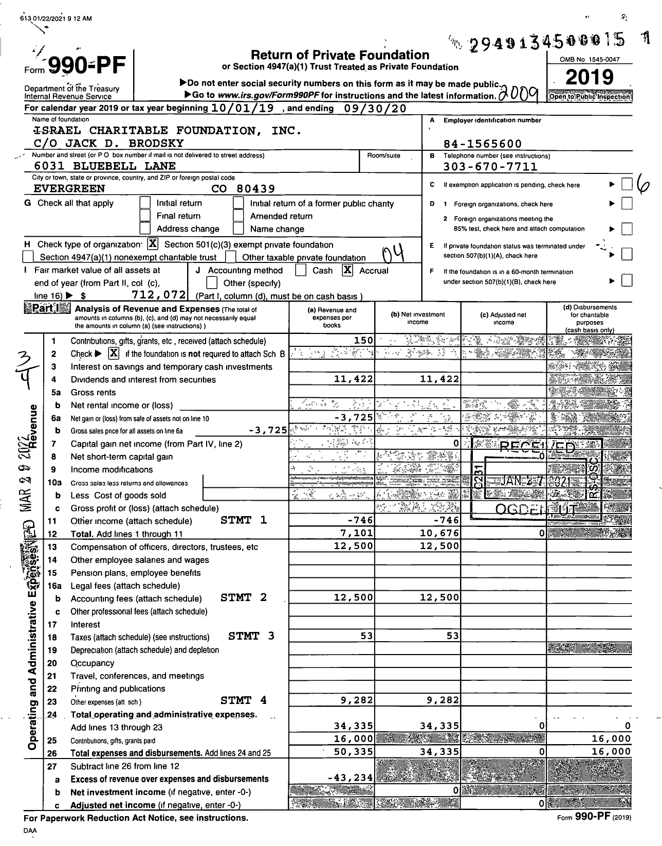 Image of first page of 2019 Form 990PF for Israel Charitable Foundation