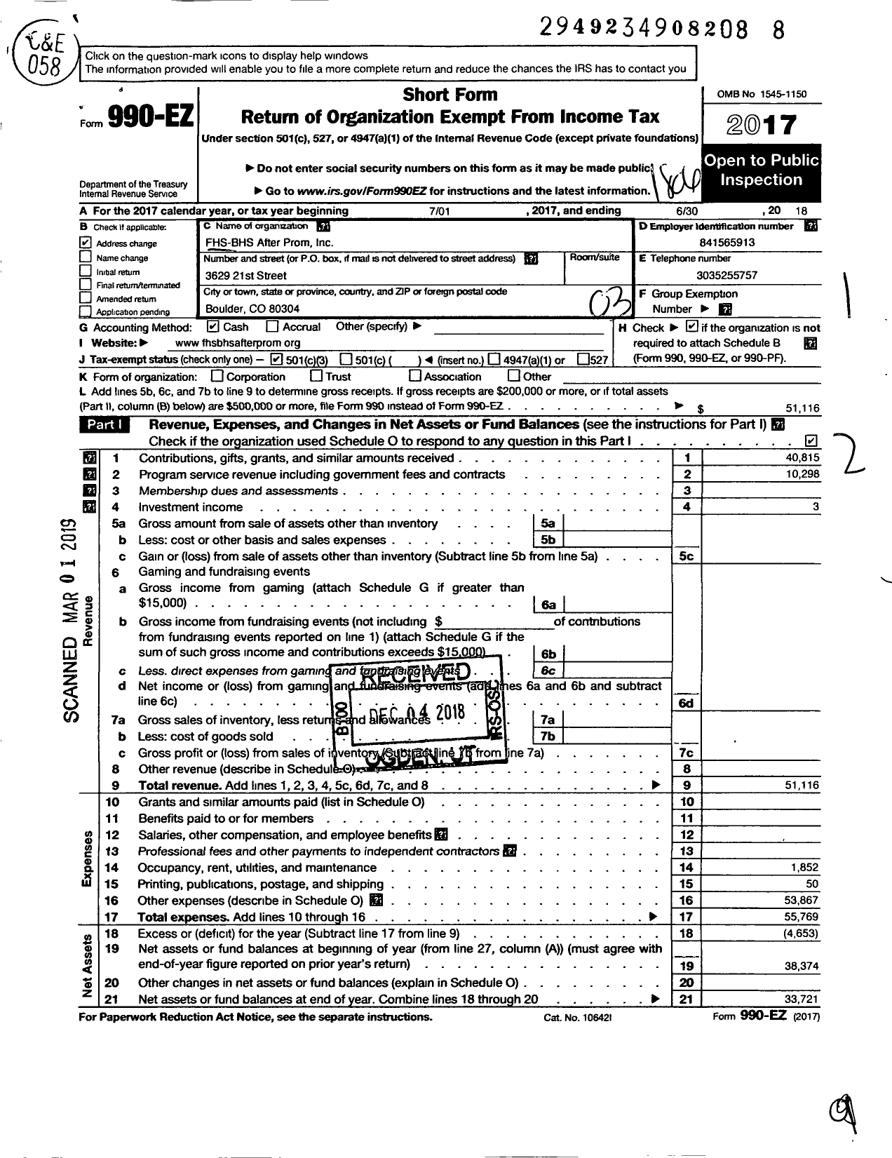 Image of first page of 2017 Form 990EZ for FHS-BHS After Prom