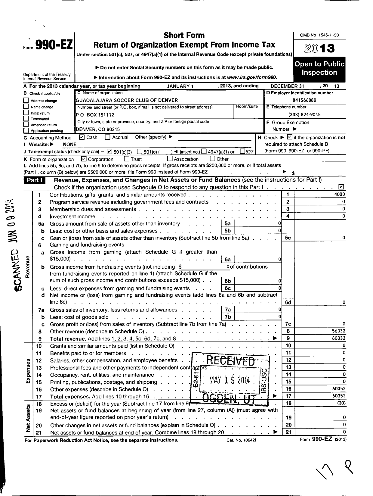 Image of first page of 2013 Form 990EZ for Alliance Sports Association