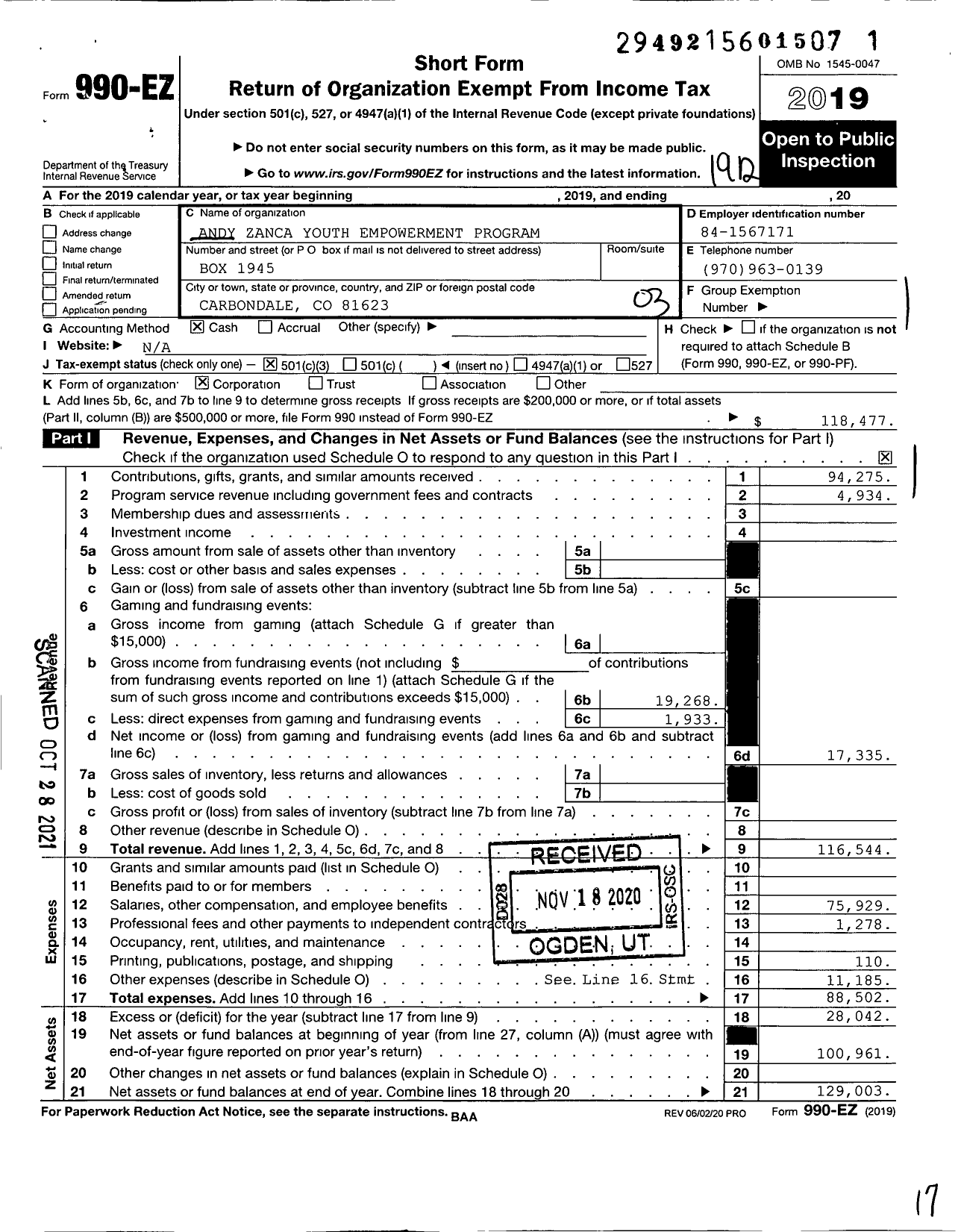 Image of first page of 2019 Form 990EZ for Andy Zanca Youth Empowerment Program