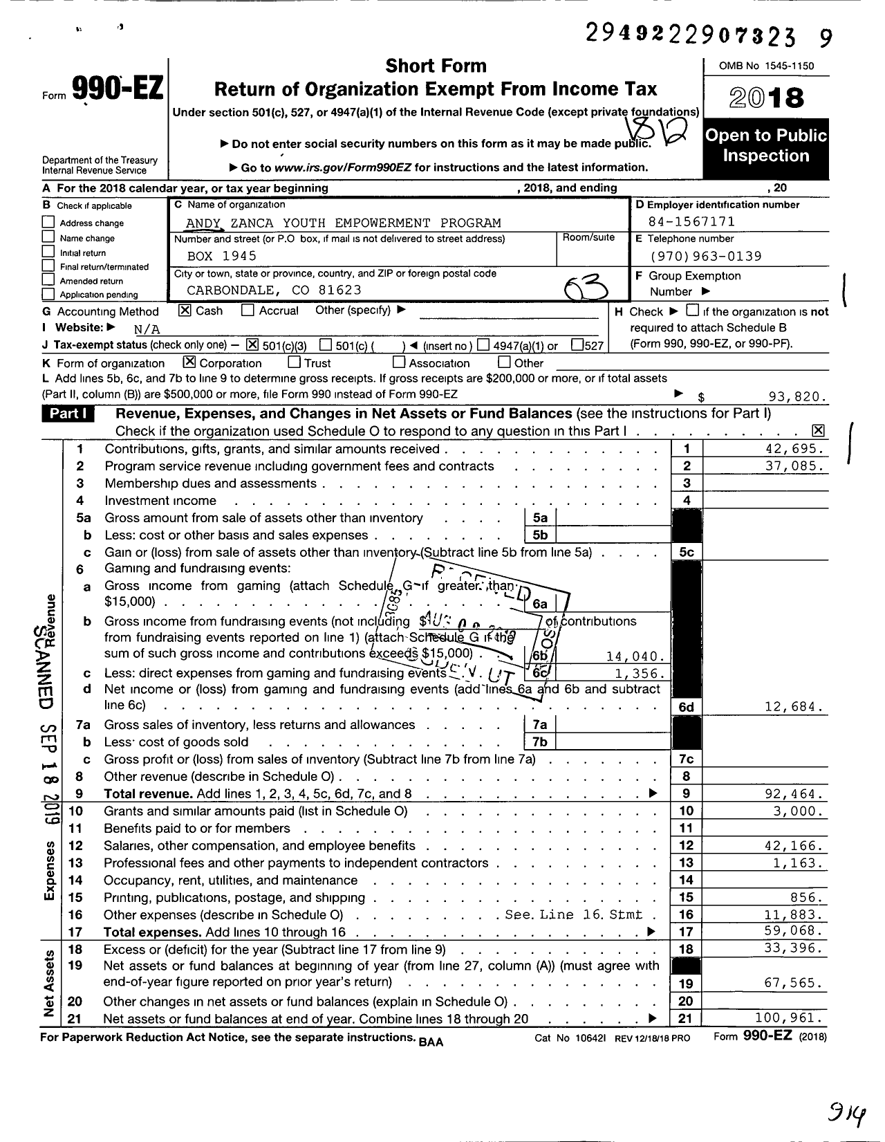 Image of first page of 2018 Form 990EZ for Andy Zanca Youth Empowerment Program